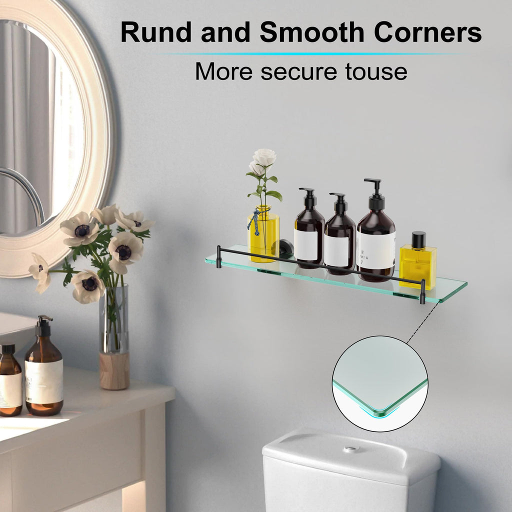 Glass Bathroom Shelves,Brushed Gold Floating Shelves for Wall Rectangular Modern Stainless Steel Glass Shelf for Bathroom Shelves wall Mounted 16 Inch