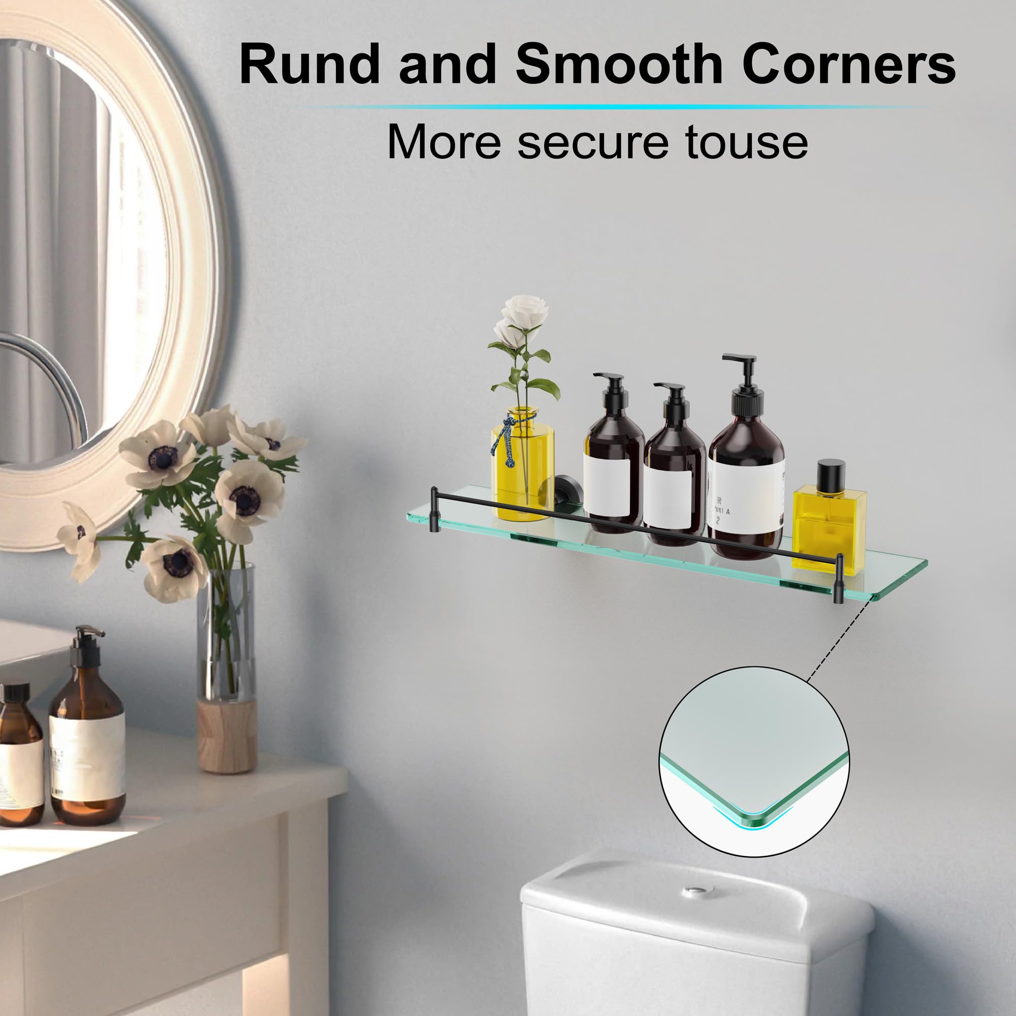 Glass Bathroom Shelves,Brushed Gold Floating Shelves for Wall Rectangular Modern Stainless Steel Glass Shelf for Bathroom Shelves wall Mounted 16 Inch