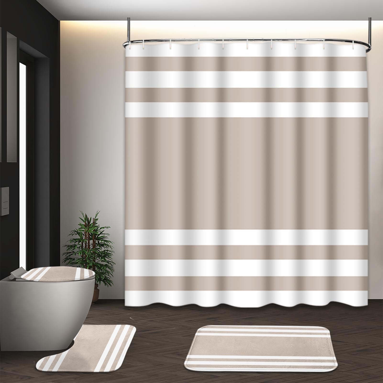 Beige Geometric Shower Curtain Set with Toilet Lid Cover and Non-Slip Rugs for Bathroom, Black Grey White Checkered 4 Pcs Shower Curtain, Modern Abstract Bathroom Set with 12 Hooks