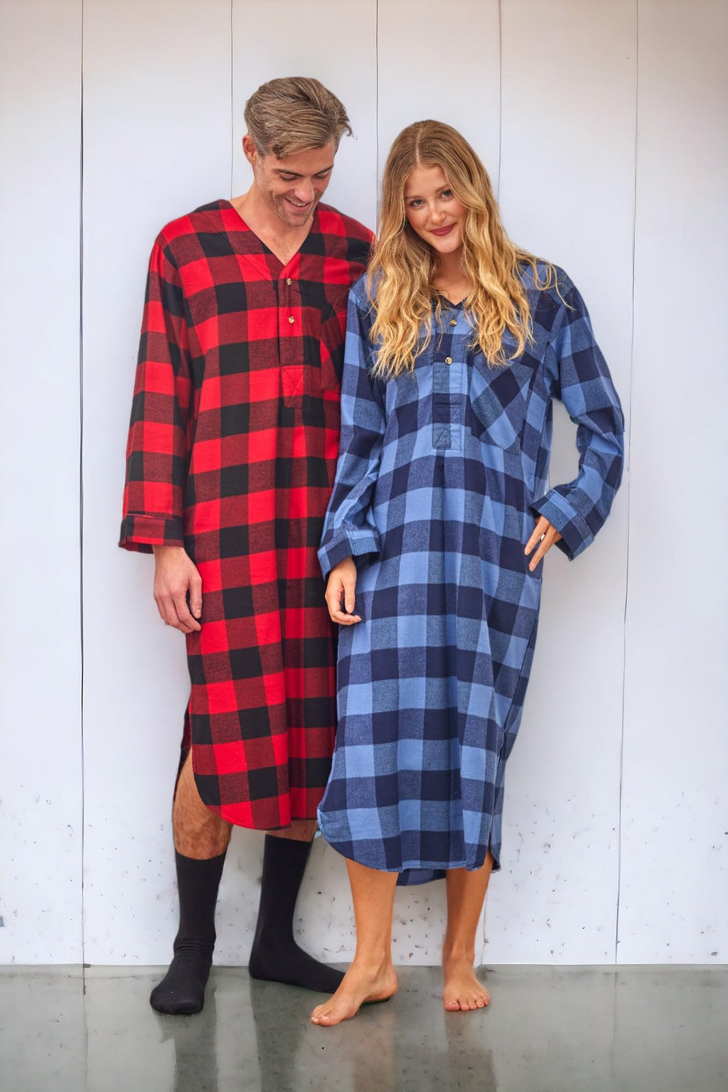 Andrew Scott Men's 2 Pack Lightweight Cotton Flannel Sleep Shirt, Long Henley Nightshirt Pajamas