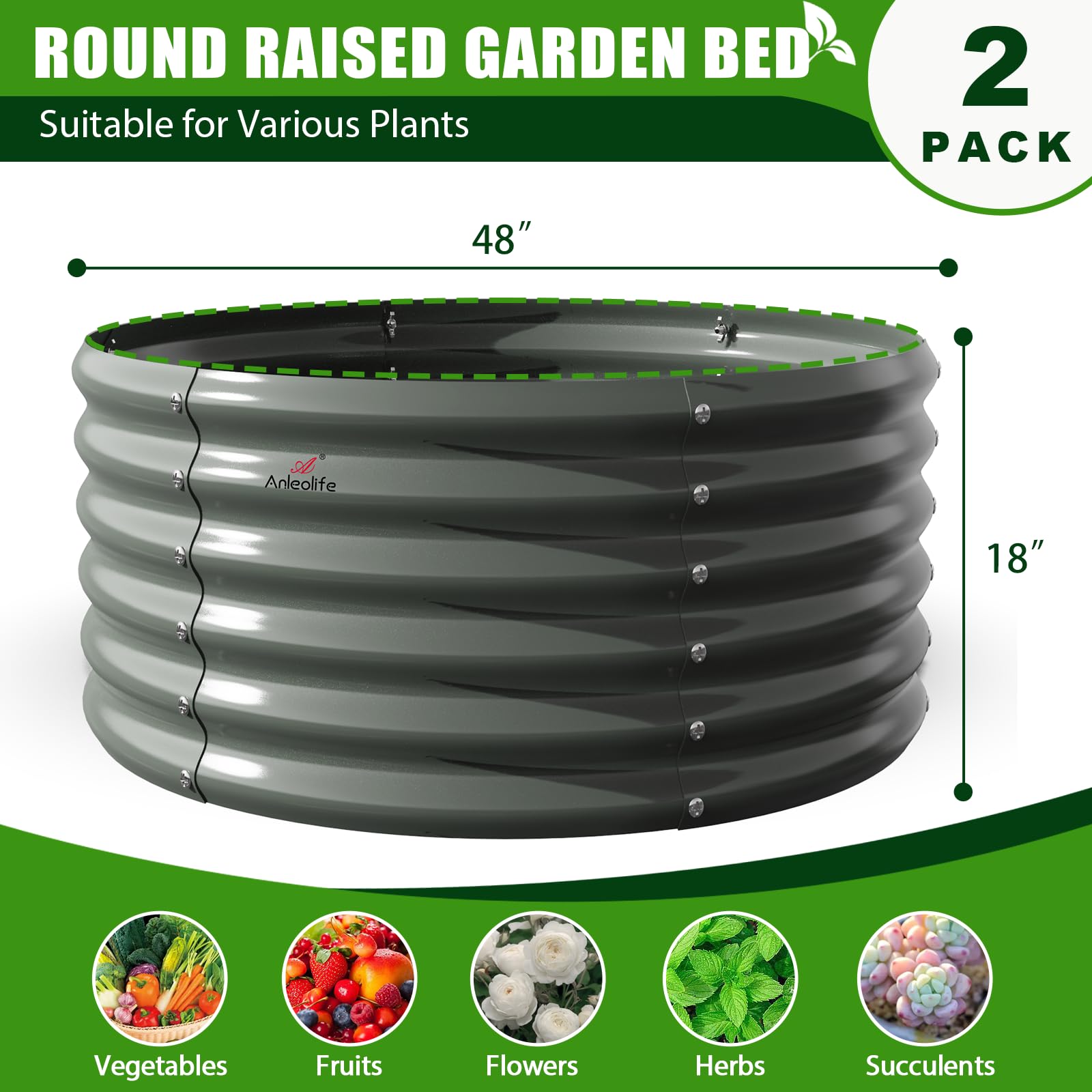 A ANLEOLIFE 2-Pack 3ft x 24” Tall Galvanized Raised Garden Beds Outdoor, Round Metal Planter Box for Planting Vegetables Flowers Herb, Anti-Rust & Easy-Setup, Quartz Grey