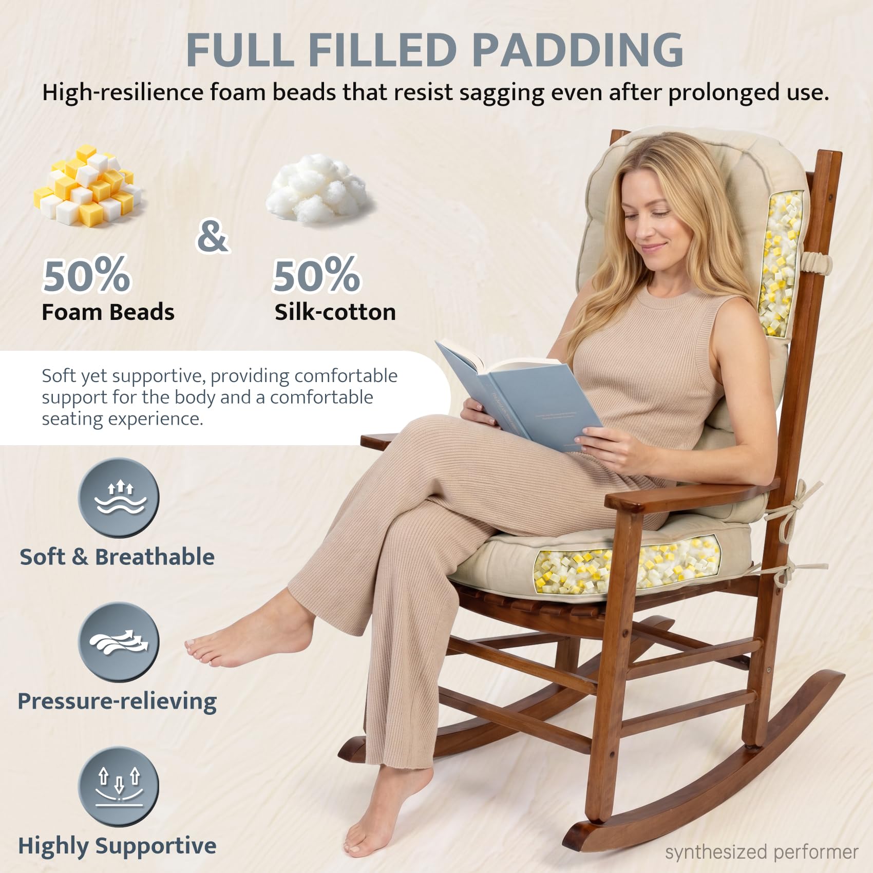 mudilun Rocking Chair Cushion - Non-Slip Tufted 4-Inch Thickened Rocking Chair Cushions with Ties Indoor/Outdoor Wooden Rocking Chair Pad for Living Rooms, Bedrooms, and Balconies