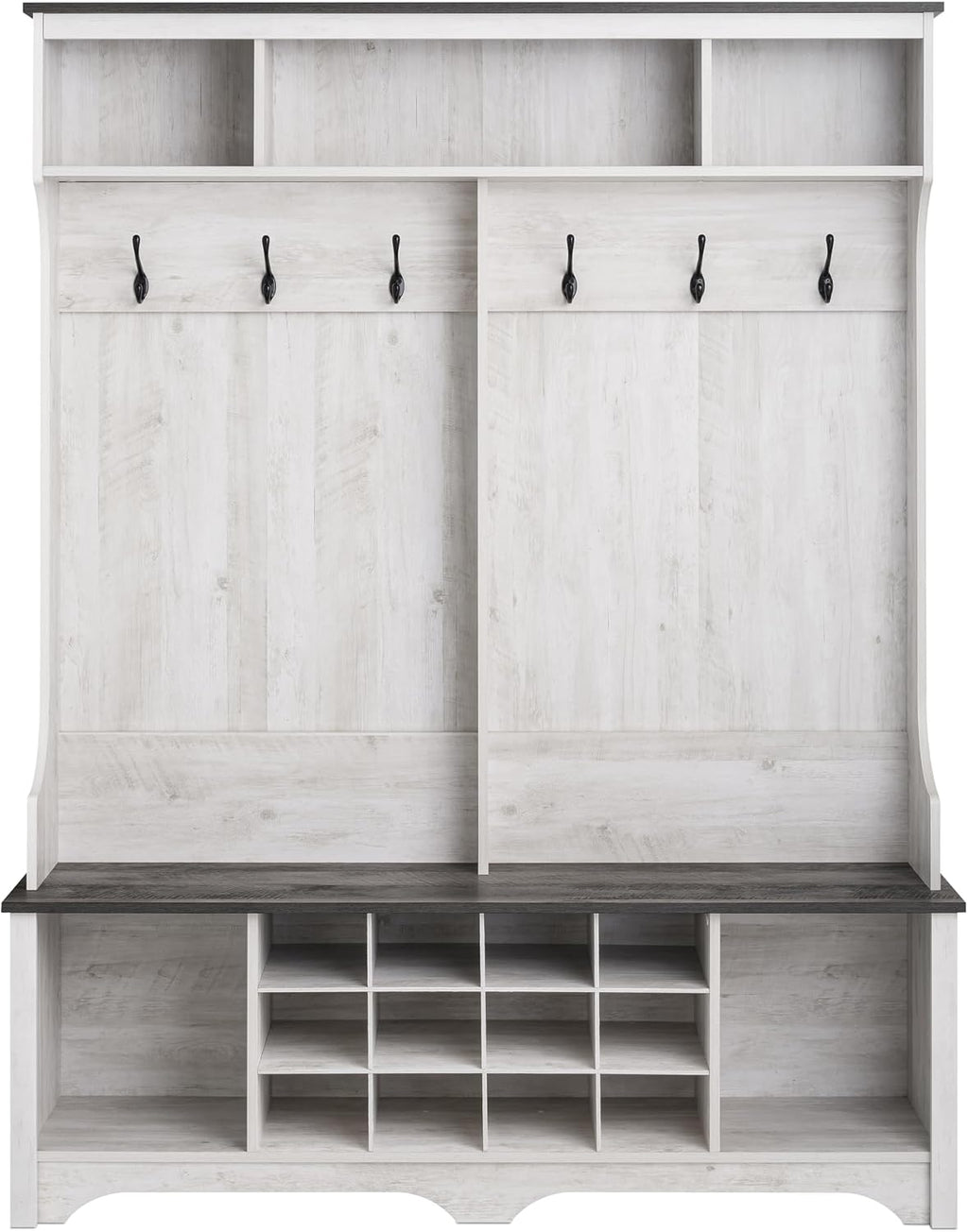 Prepac Farmhouse Washed White Hall Tree, Shoe Cabinet, Storage Cabinet with 12 Shoe Cubbies, 2 Boot Cubbies and 6 Double Coat Hooks 15.5" D x 60" W x 77" H