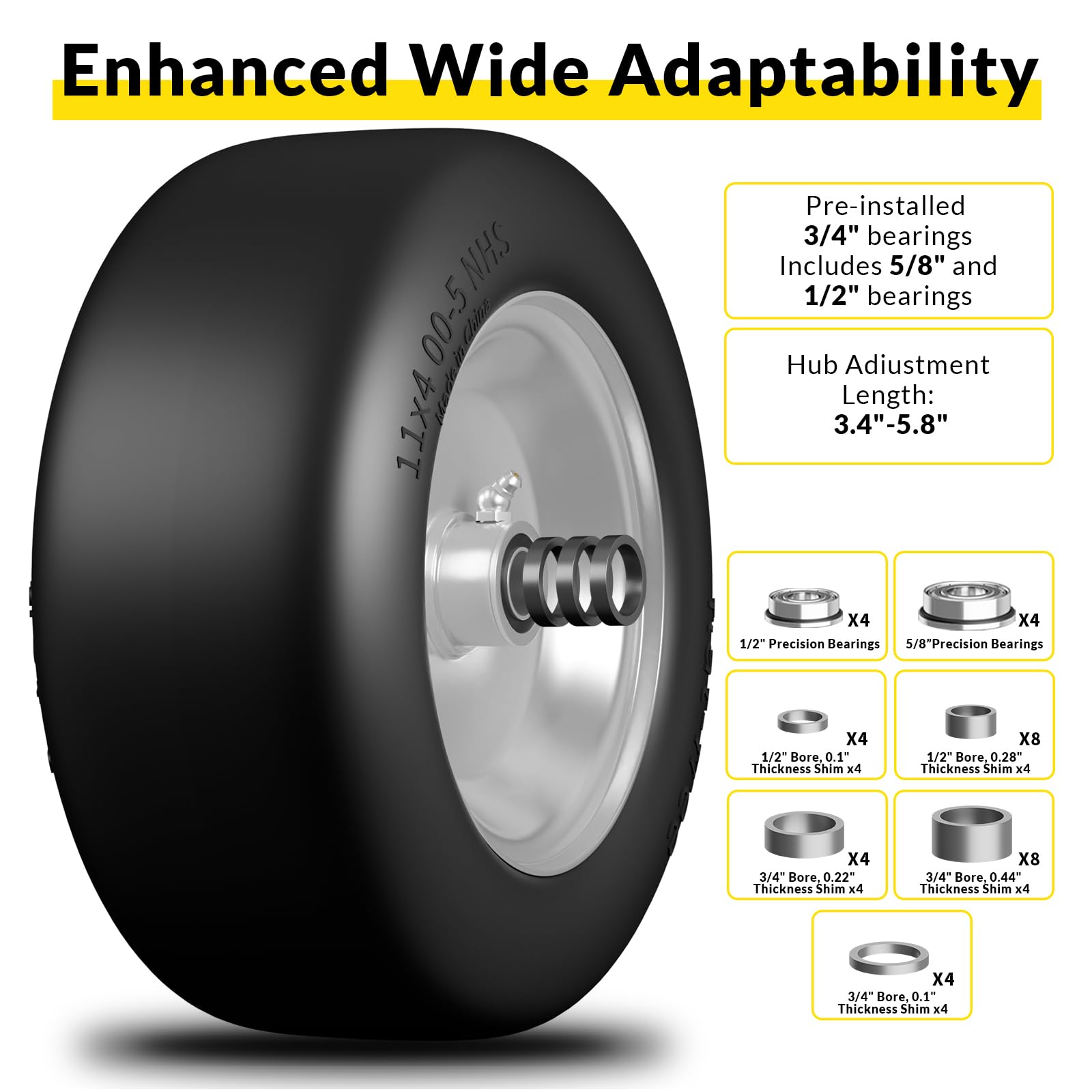 RONPOW 11x4.00-5 Lawn Mower Tires Flat Free and Wheel, 11x4-5 Solid Front Tires for Zero Turn Mower, 350Lbs Load, 3/4", 5/8" and 1/2" Bearings, 3.4"-5.8" Hub for Residential Commercial, 2Pack Gray