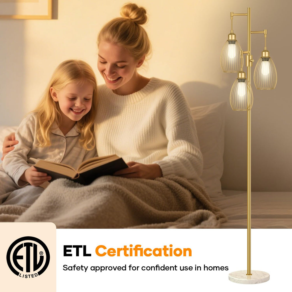 Dimmable Floor Lamp, 3 x 800LM LED Edison Bulbs Included, Farmhouse Industrial Floor Lamp Standing Tree Lamp with Elegant Teardrop Cage Tall Lamps for Living Room Bedroom Office Dining Room-Brass