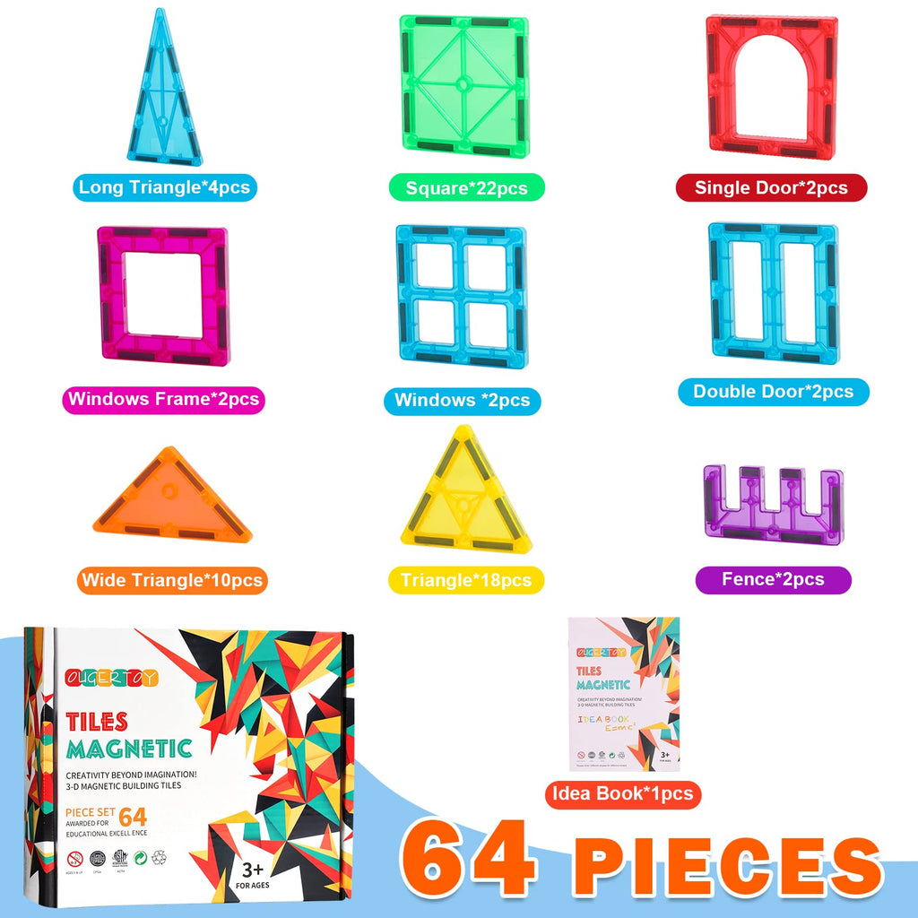 OugerToy Magnetic Building Tiles for Kids,64 PCS Educational Magnetic Stacking Blocks for Boys Girls, Magnets Construction Toys,Stem Preschool Kindergarten Learning Toys