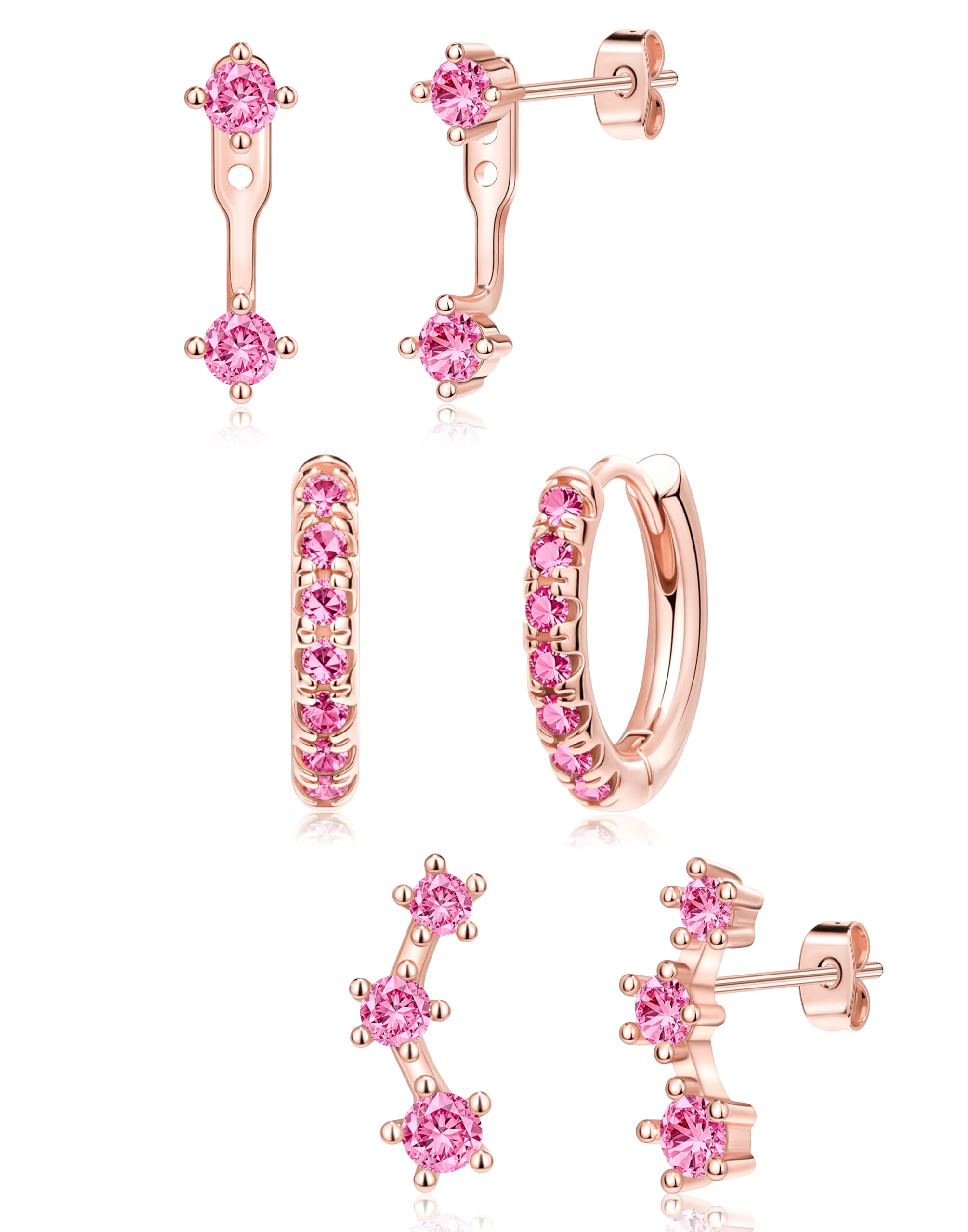 3 Pairs Dainty Small Earrings Set for Women Trendy, Birthstone Stud Huggie Hoop Jacket Stack for Cartilage Helix, Gold Plated Hypoallergenic Cute Women Fashion Accessories Western Jewelry Gifts