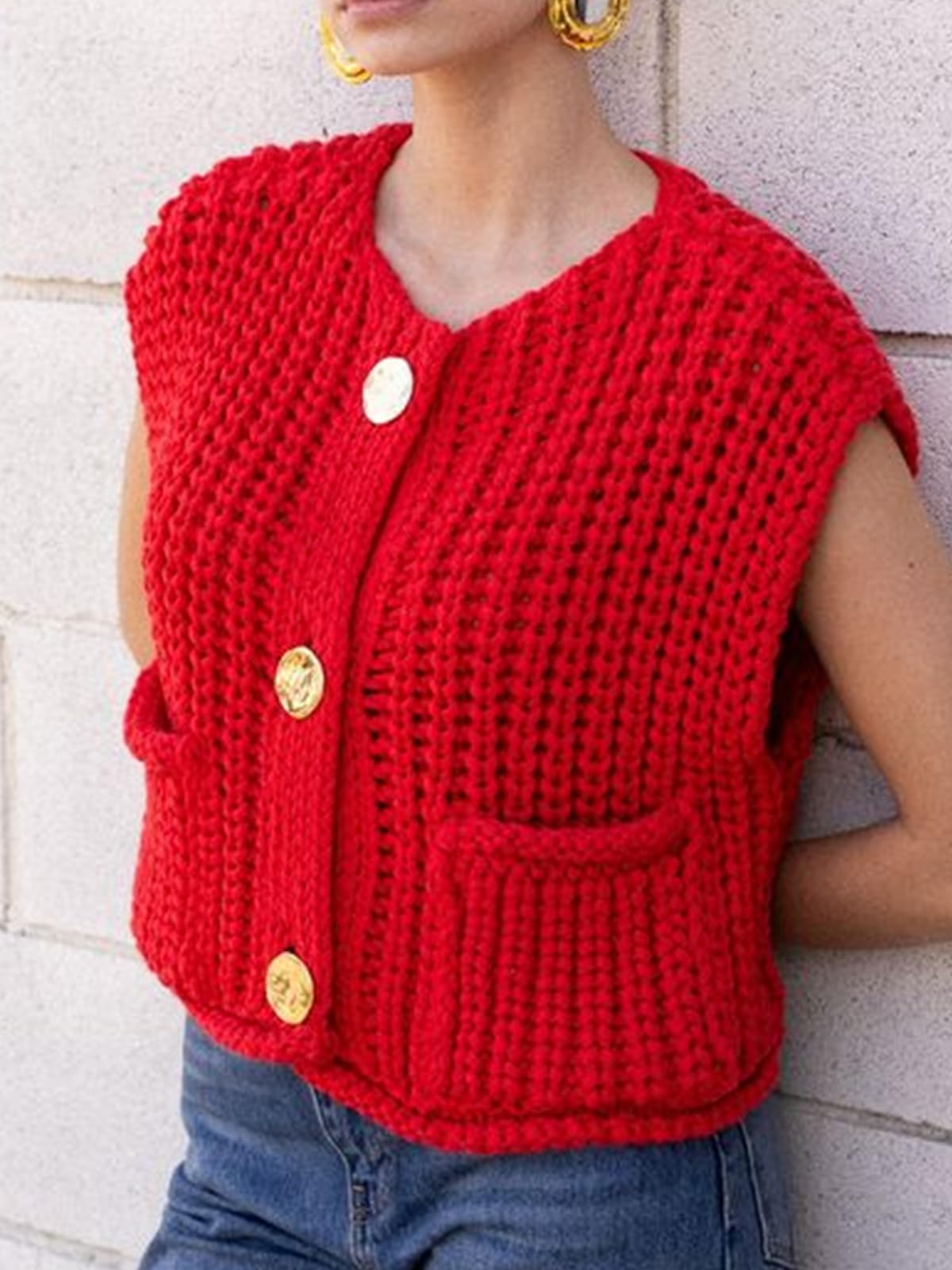 KEOMUD Women's Sleeveless Cropped Knit Cardigan Casual Button Down Crochet Sweater Vest Tops with Pockets