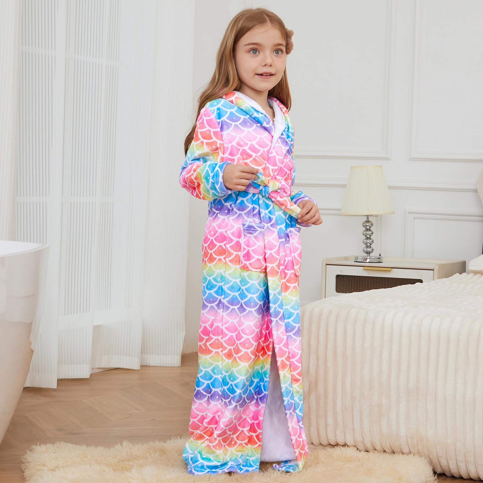 Jxstar Girls Bathrobes Kids Long Hooded Robes Plush Full Length Coral Fleece Pajamas Sleepwear