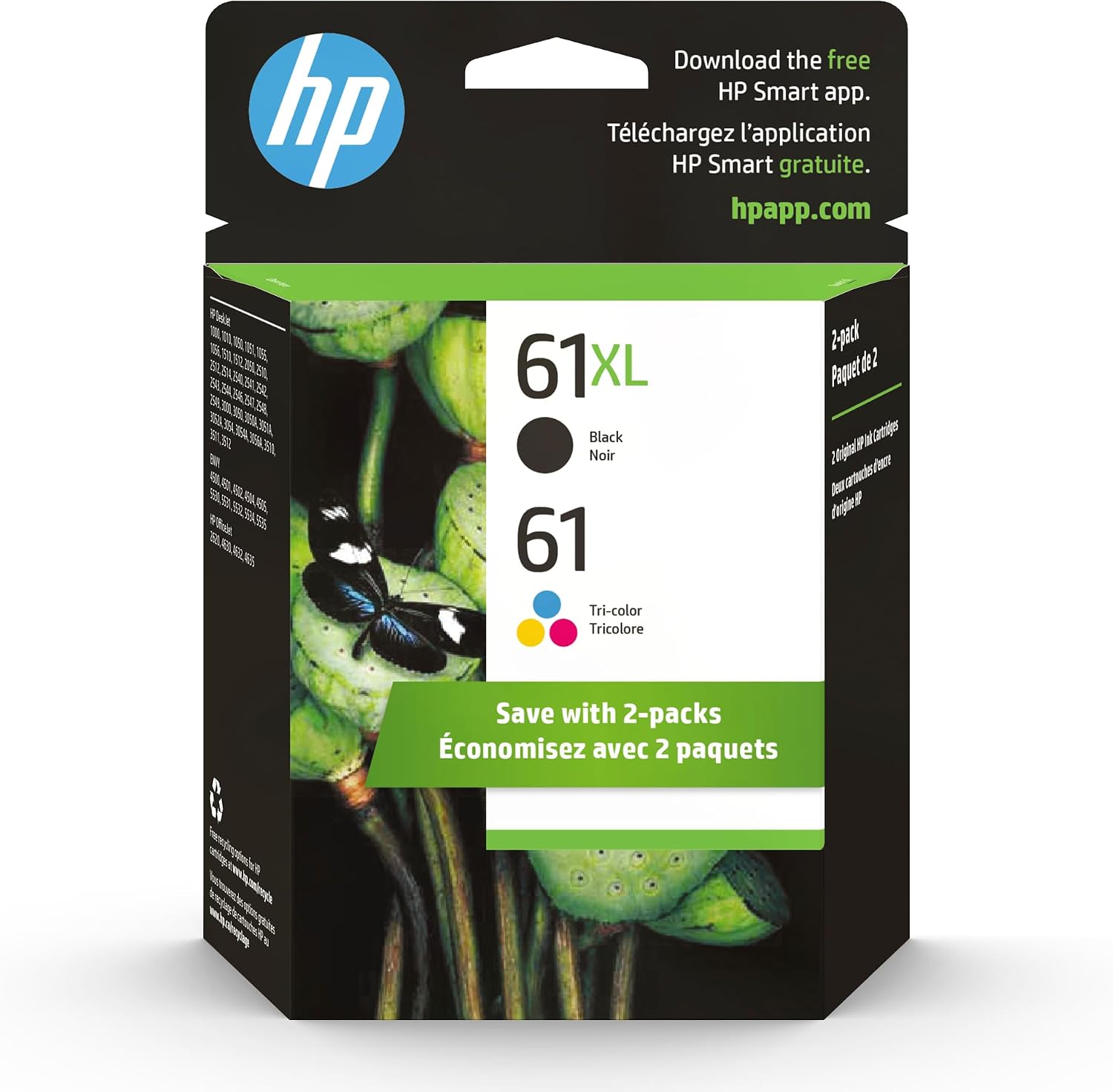 HP Original 61 Tri-Color / 61XL Black Ink Cartridges (2-Pack) | Works DeskJet 1000, 1510, 2050, 2500, 3000, 3510 Envy 4500, 5530