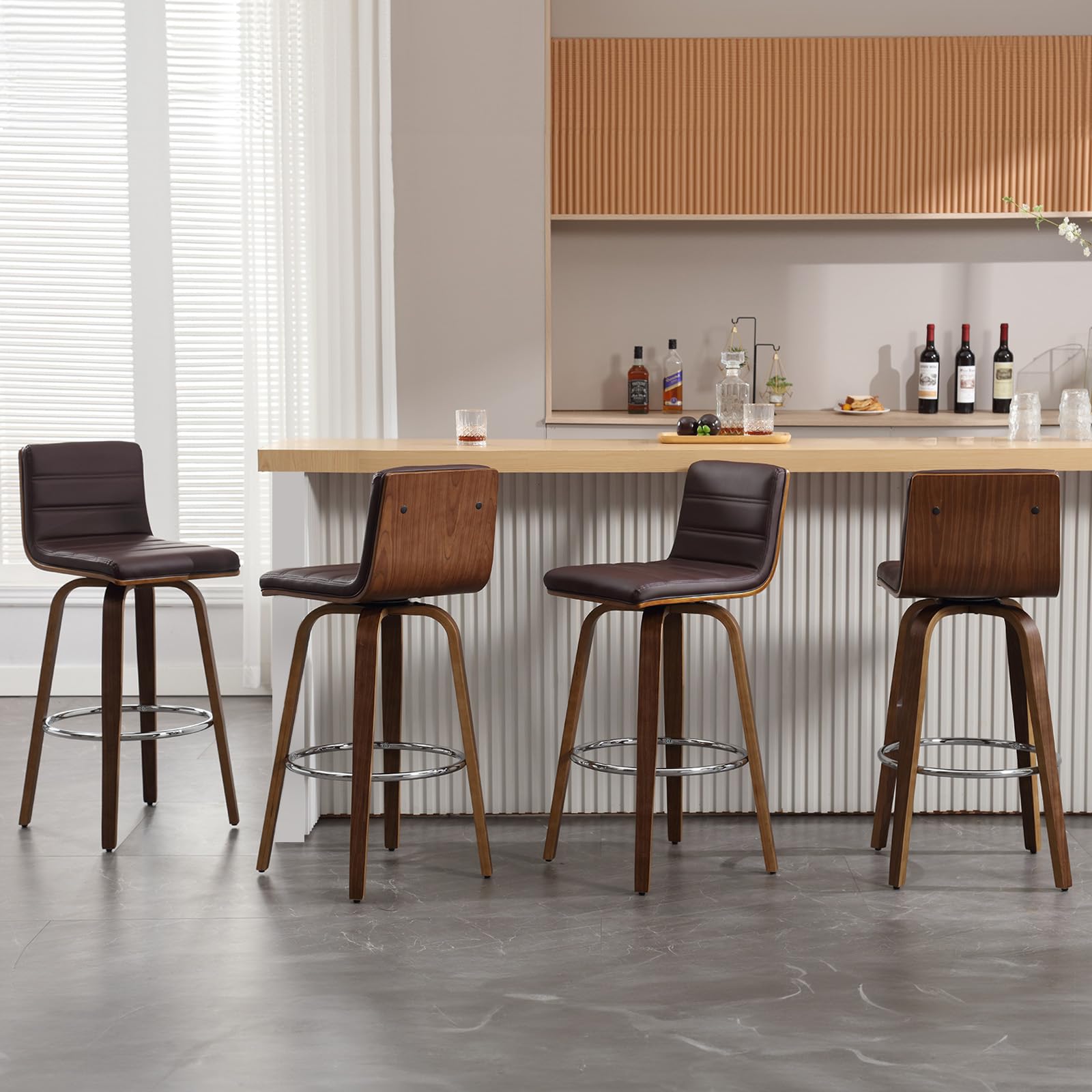 Bar Stools 29 Inch Bar Height, Swivel Bar Stools with Backs Upholstered PU Leather Barstool, L Shape Back and Padded Seat, Mid-Century Modern Bar Stool Pub Chairs for Kitchen Counter Island, Black