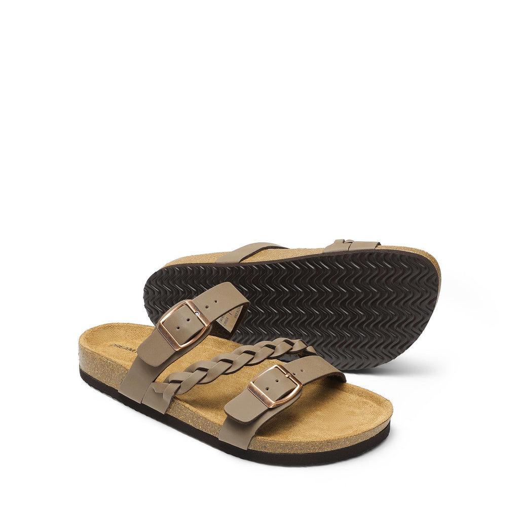 DREAM PAIRS Women's Slides Soft Cork Footbed Sandals Comfortable Walking Slip-on Flat Sandals Arch Support Adjustable Buckle Braided Straps Slippers