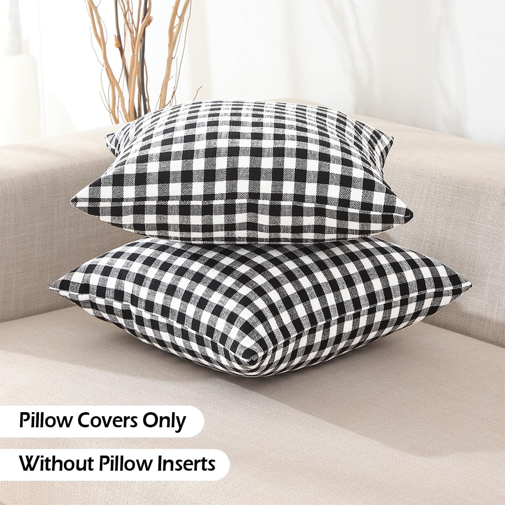 CARRIE HOME Black and White Buffalo Plaid Outdoor Pillow Covers 16x16 Set of 2, 16 x 16 Modern Farmhouse Decor Couch Pillows, Black White Winter Christmas Holiday Plaid Pillows (No Pillow Inserts)
