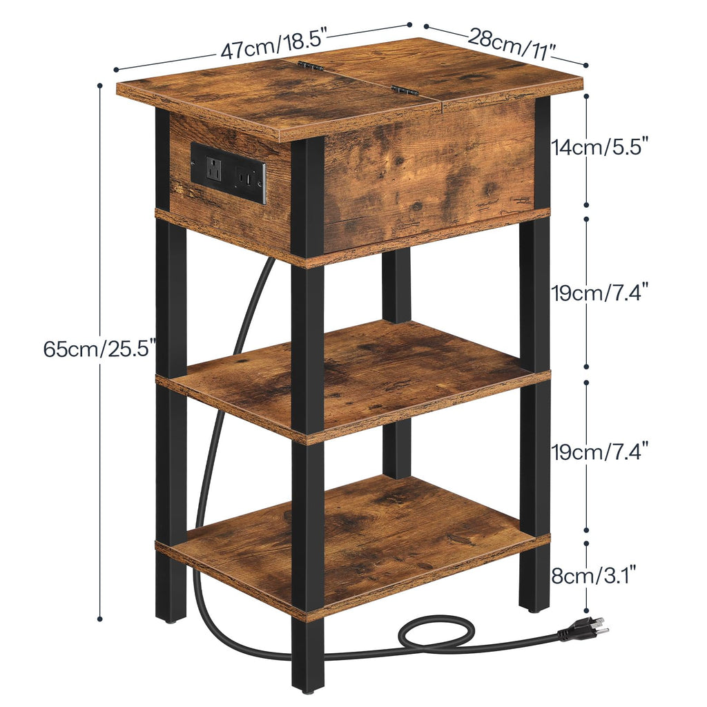 HOOBRO End Table with Charging Station, Flip Top Side Table with USB Ports, Narrow Nightstand Bedside Tables with Storage Shelves, for Small Space, Living Room, Black BK141UBZ01