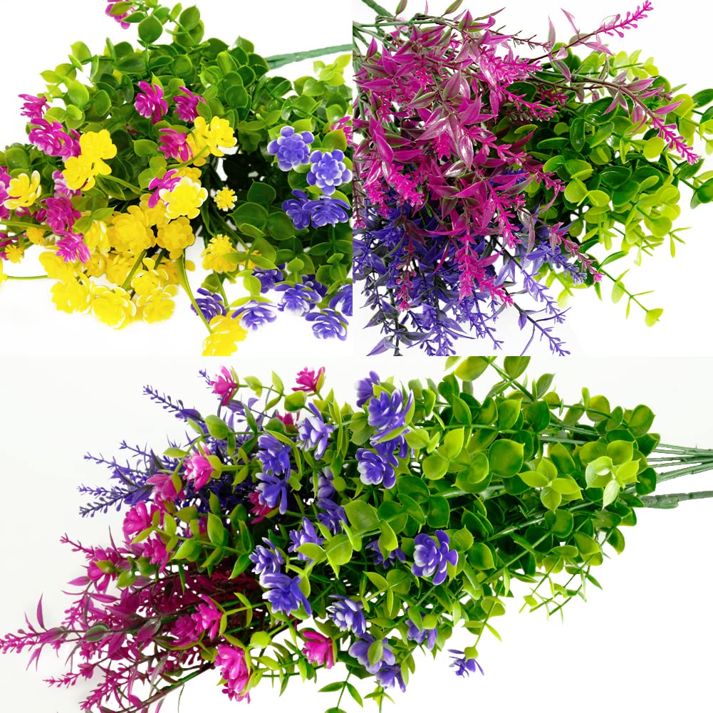12 Bundles Outdoor Artificial Fake Flowers UV Resistant No Fade Boxwood Faux Plastic Shrubs Plants for Garden Patio Porch Window Box Home Wedding Farmhouse Hanging Décor