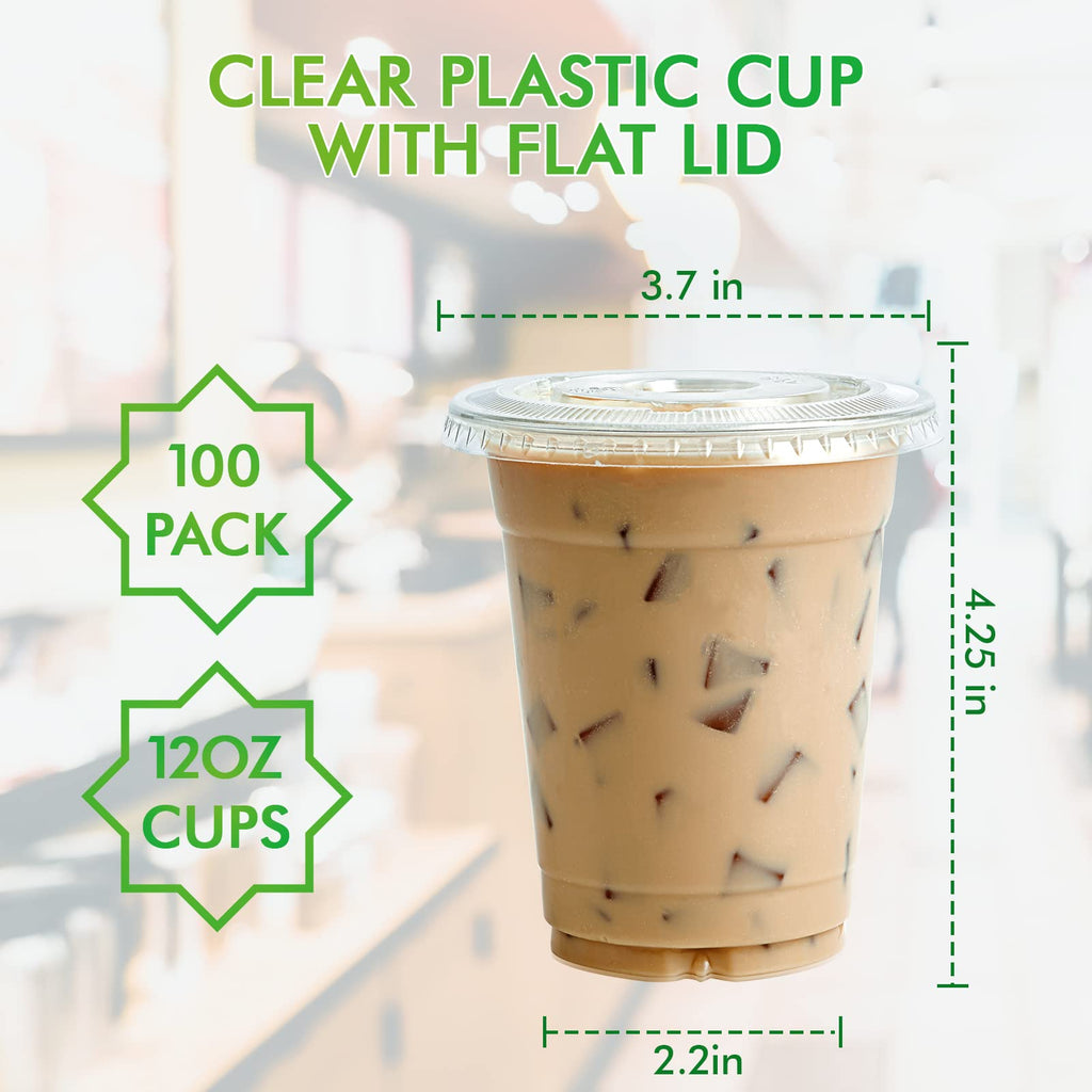 Lilymicky 200 Sets 10 oz Clear Plastic Cups With Flat Lids, 10 Ounce Disposable Drinking Cups for Smoothie, Slurpee, or Any Cold Drinks