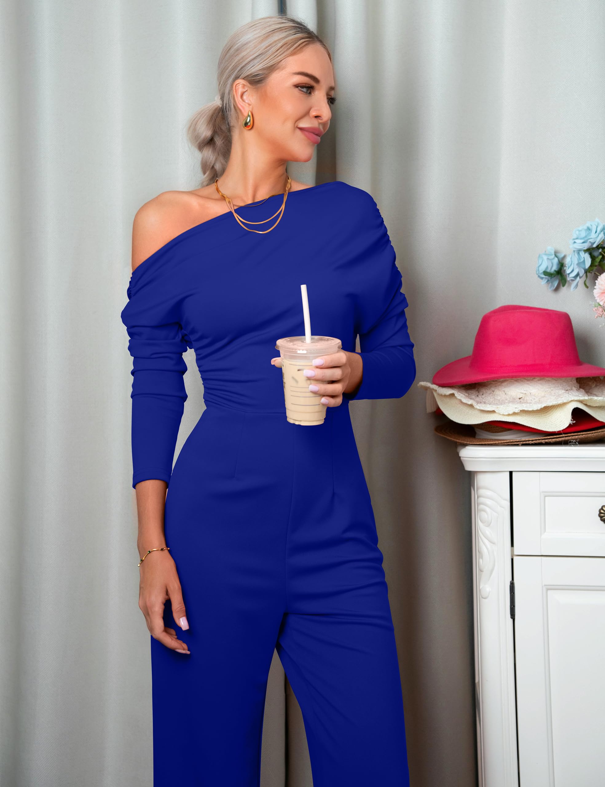 YMDUCH Women's Fall Elegant Long Sleeve Off Shoulder Wide Leg Long Pant Jumpsuits