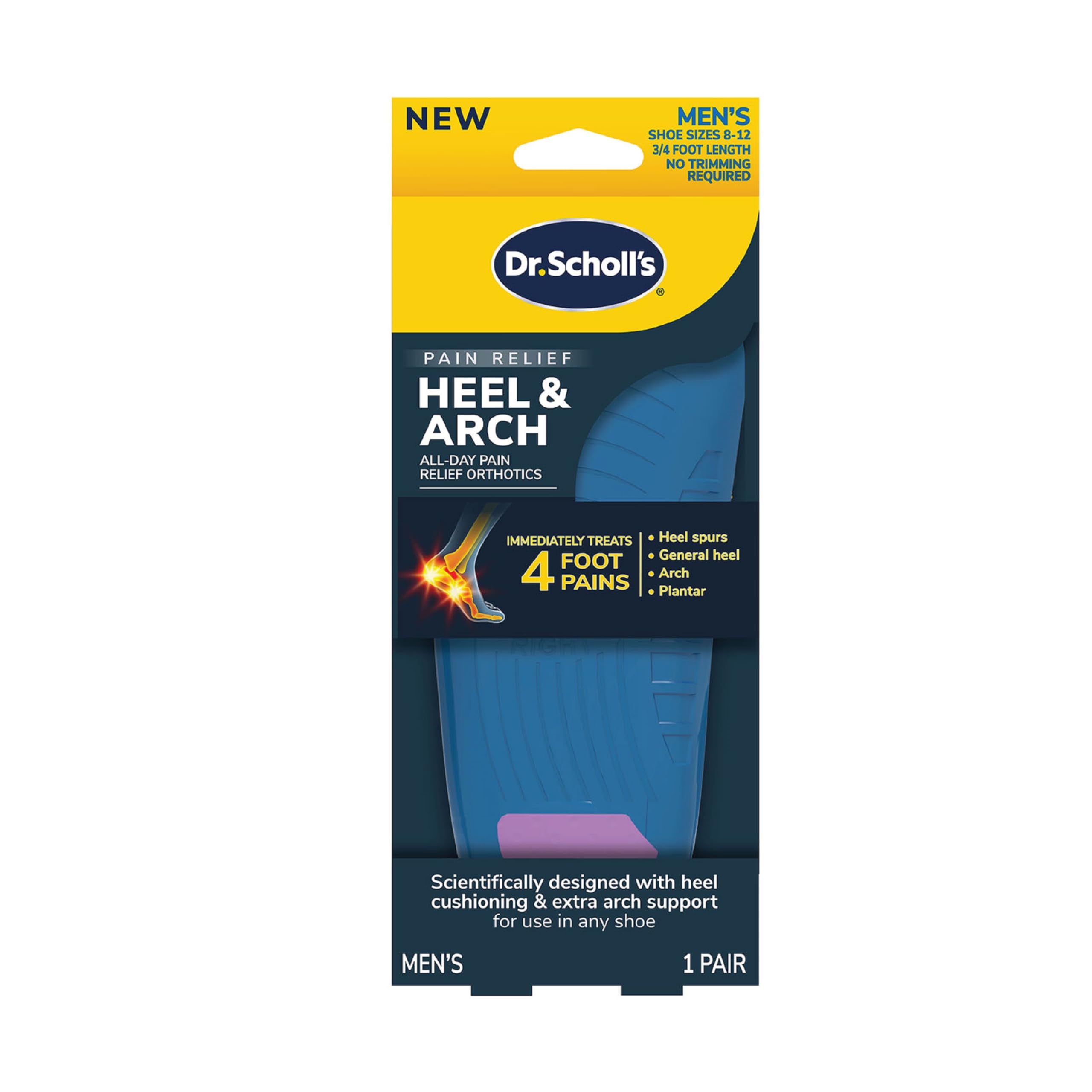 Dr. Scholl's® Heel & Arch All-Day Pain Relief Orthotics, Men's 8-12, 1 Pair, 3/4 Length