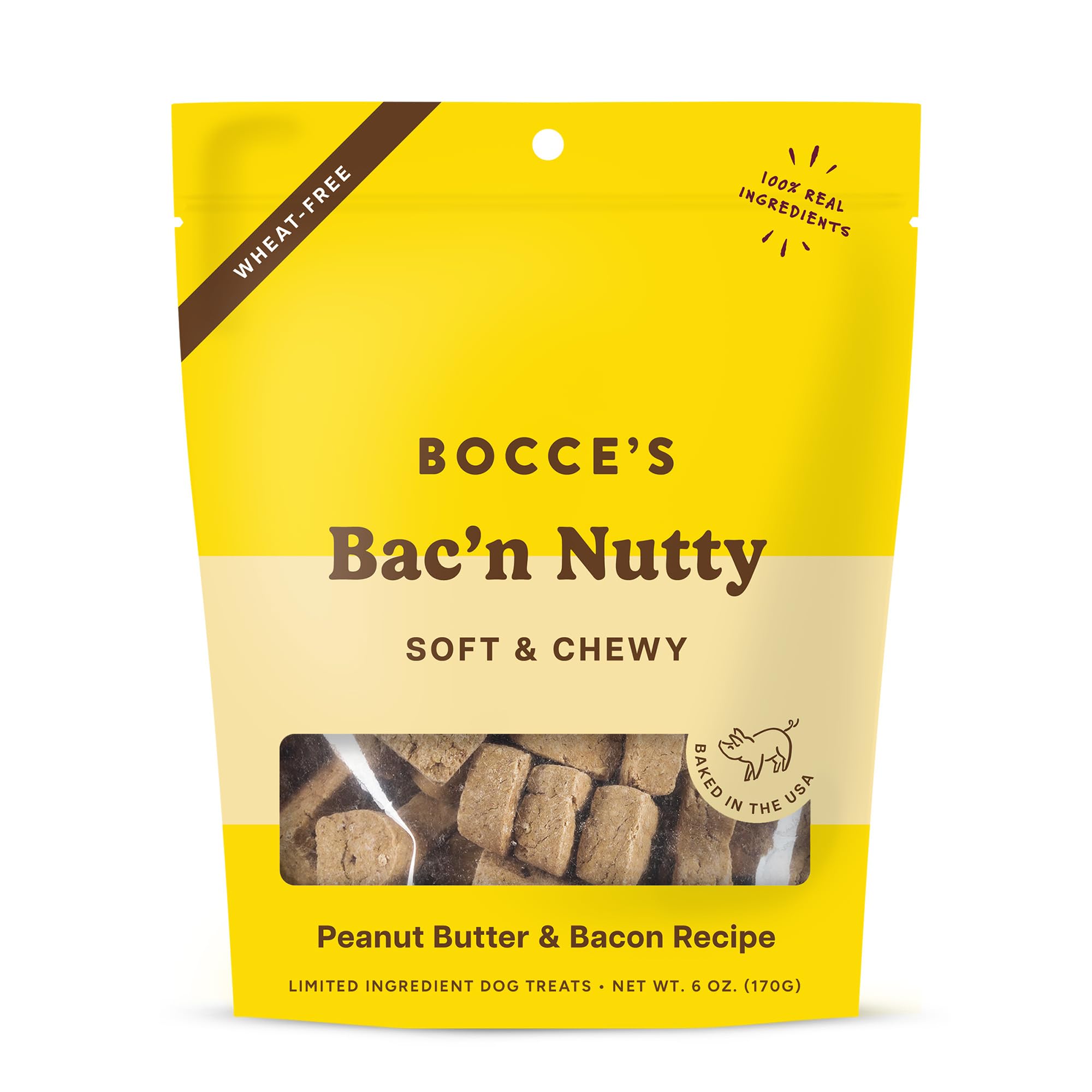 Bocce's Bakery Bac'n Nutty Soft & Chewy Dog Treats, Wheat-Free PB & Bacon Flavored All Natural Limited Ingredient Oven Baked Cookies for Dogs, 6 oz Bag