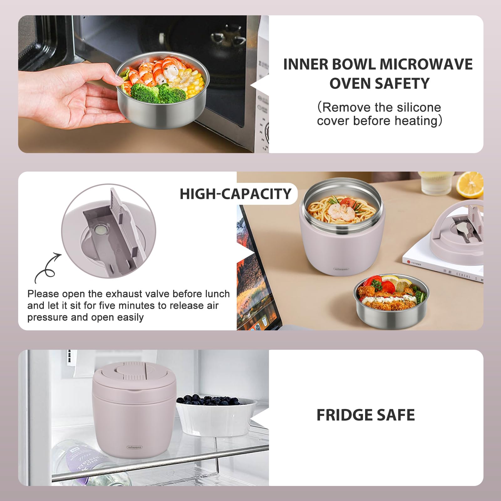 wiwens Thermo Food Jar for Hot Food Adults 32OZ Soup Thermo Lunch Containers Wide Mouth Vacuum Insulated Stainless Steel Leakproof Bento Box with Spoon (Beige)