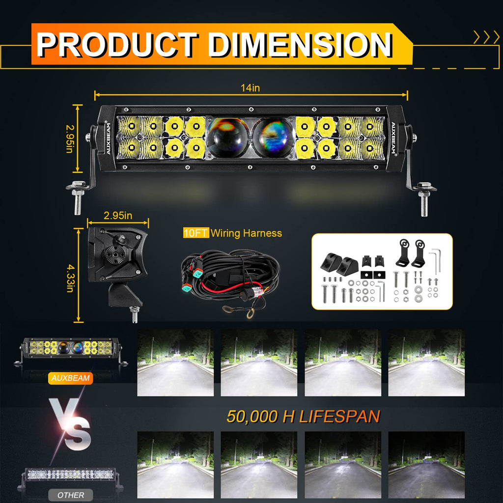 Auxbeam 12Inch Led Light Bar 100W 12000LM 5D Pro Lens Off Road Driving Light Spot Flood Combo Fog Light with 10FT Wiring Harness Kit (Professional Grade Outdoor Lighting Source P8 LED)