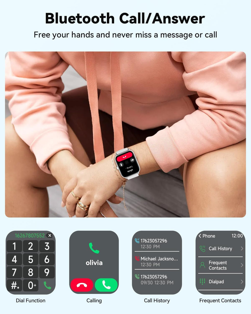 Quican Smart Watches for Women, Compatible for iPhone and Android Phones, Calling, Heart Rate/Sleep Monitor, Alexa, 1.8" Fitness Tracker Watch, Waterproof, Gifts for Women, Silicone Band, Baby Pink