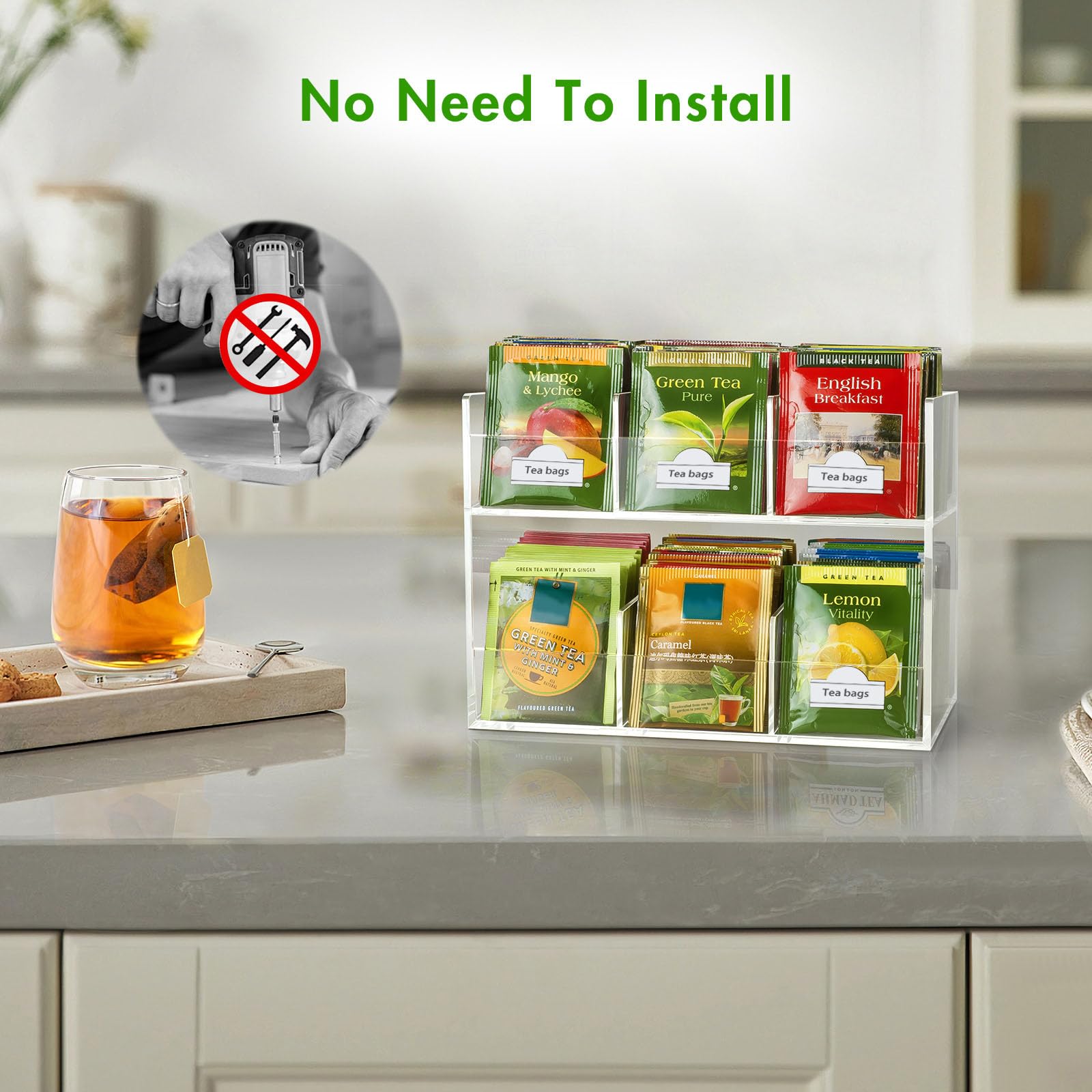 BEYGORM Acrylic Tea Bag Organizer for 216 Tea Packets, No Assembly Required, Display Holder for Countertop, Vertical Tea Bag Caddy for Cabinet, Tea bar Accessories, Teabags Storage Containers