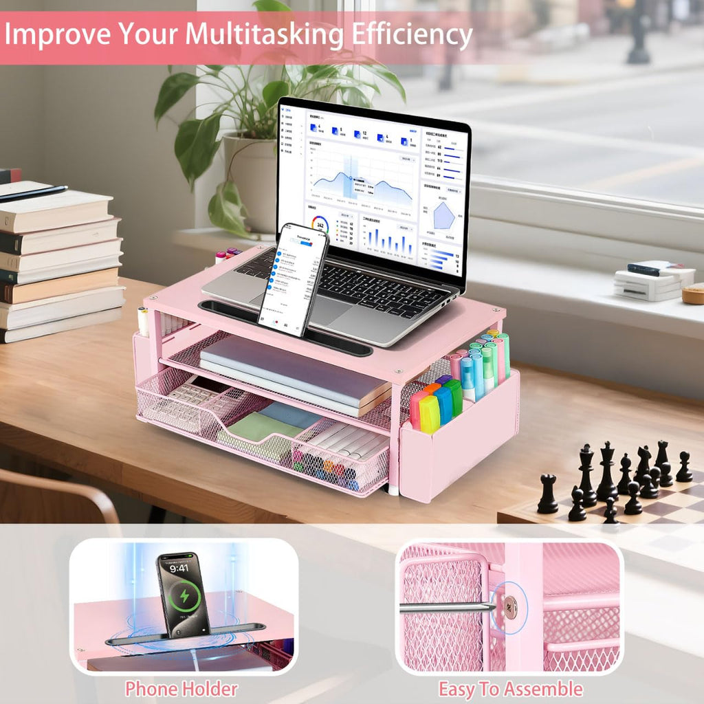 AUPSEN 2 Tier Computer Monitor Stands with Drawer and 2 Pencil Holder, Metal Monitor Stand Monitor riser, Computer Desk Organizer and Accessories for Laptop, Computer, Printer, Office Supplies(Black)