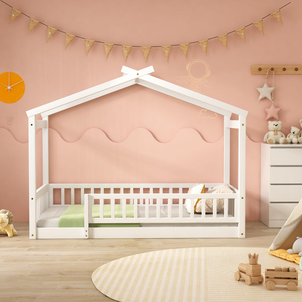 Merax Twin Size Wooden House Bed with Two Drawers, Wood Bed Frame with Roof for Kids, Teens, Boys or Girls, Grey