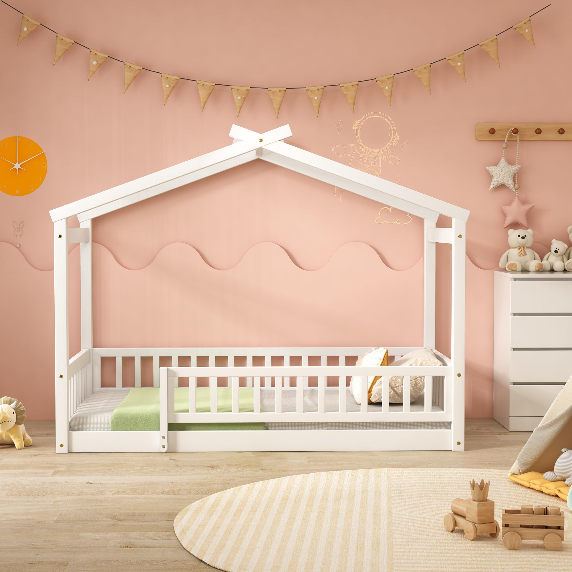 Merax Twin Size Wooden House Bed with Two Drawers, Wood Bed Frame with Roof for Kids, Teens, Boys or Girls, Grey