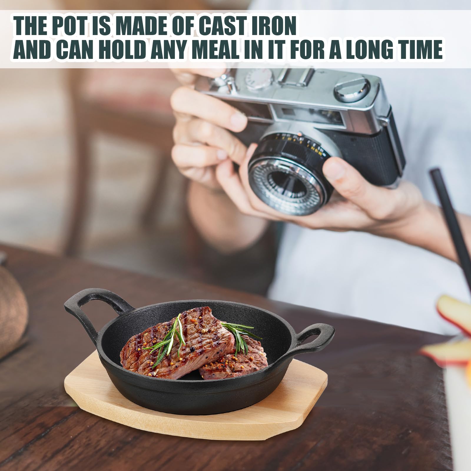 Sliner 4 Sets Mini Cast Iron Skillet Small Cast Iron Plates Skillet with Wooden Base Small Round Pan Fajita Plate Pot for Baking Cooking(3.9 Inch)