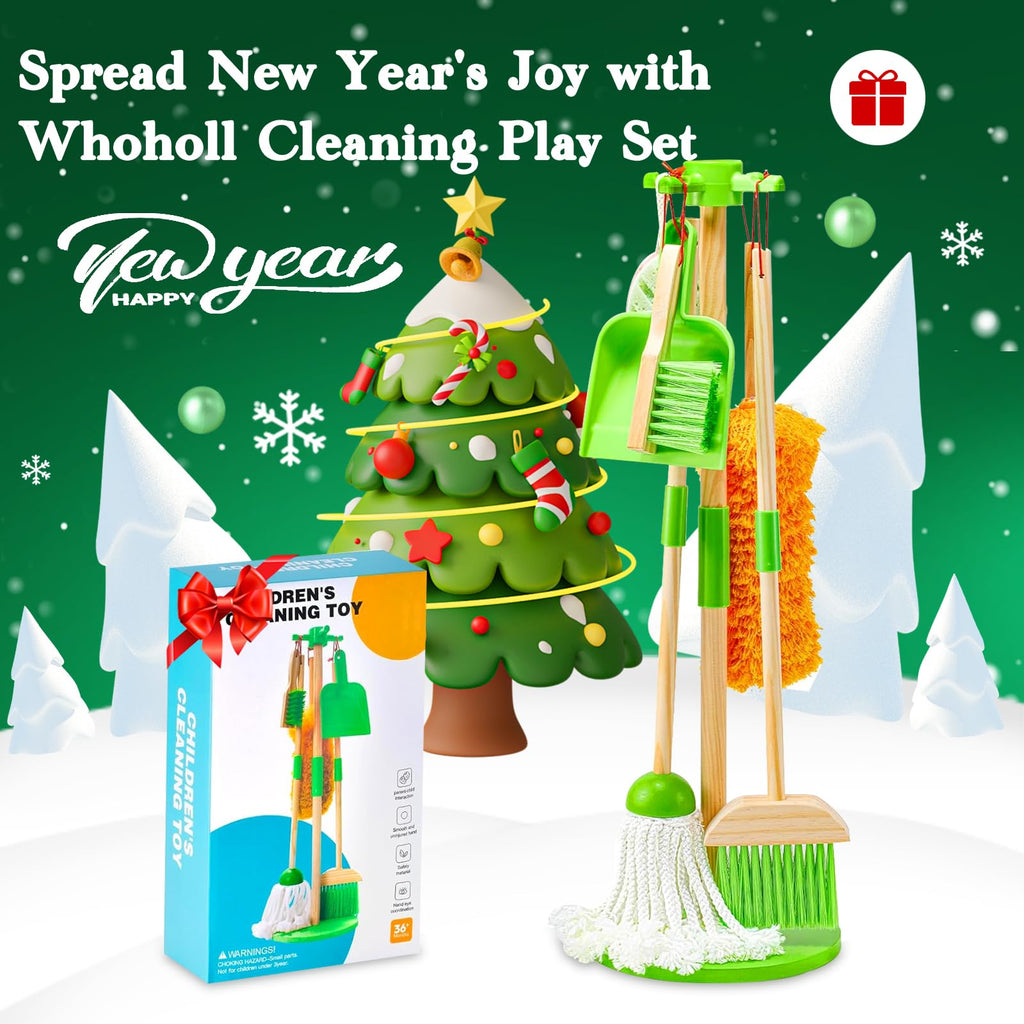 WHOHOLL Wooden Kids Cleaning Toy Set Toddler Broom and Dustpan Set for Housekeeping 9 Pcs Broom and Mop Set for Toddlers 3-6, Cleaning Toys with Sponge, Christmas Birthday Gifts for Boys Girls