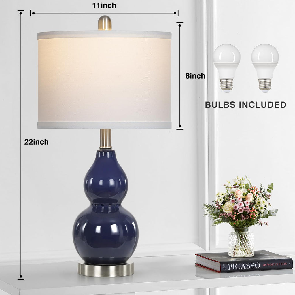 Rinweey Double Gourd Ceramic Table Lamps Set of 2, Modern Blue Bedside Lamps for Night Stand, Contemporary Nightstand Lamps for Bedroom Living Room (Bulb Included)