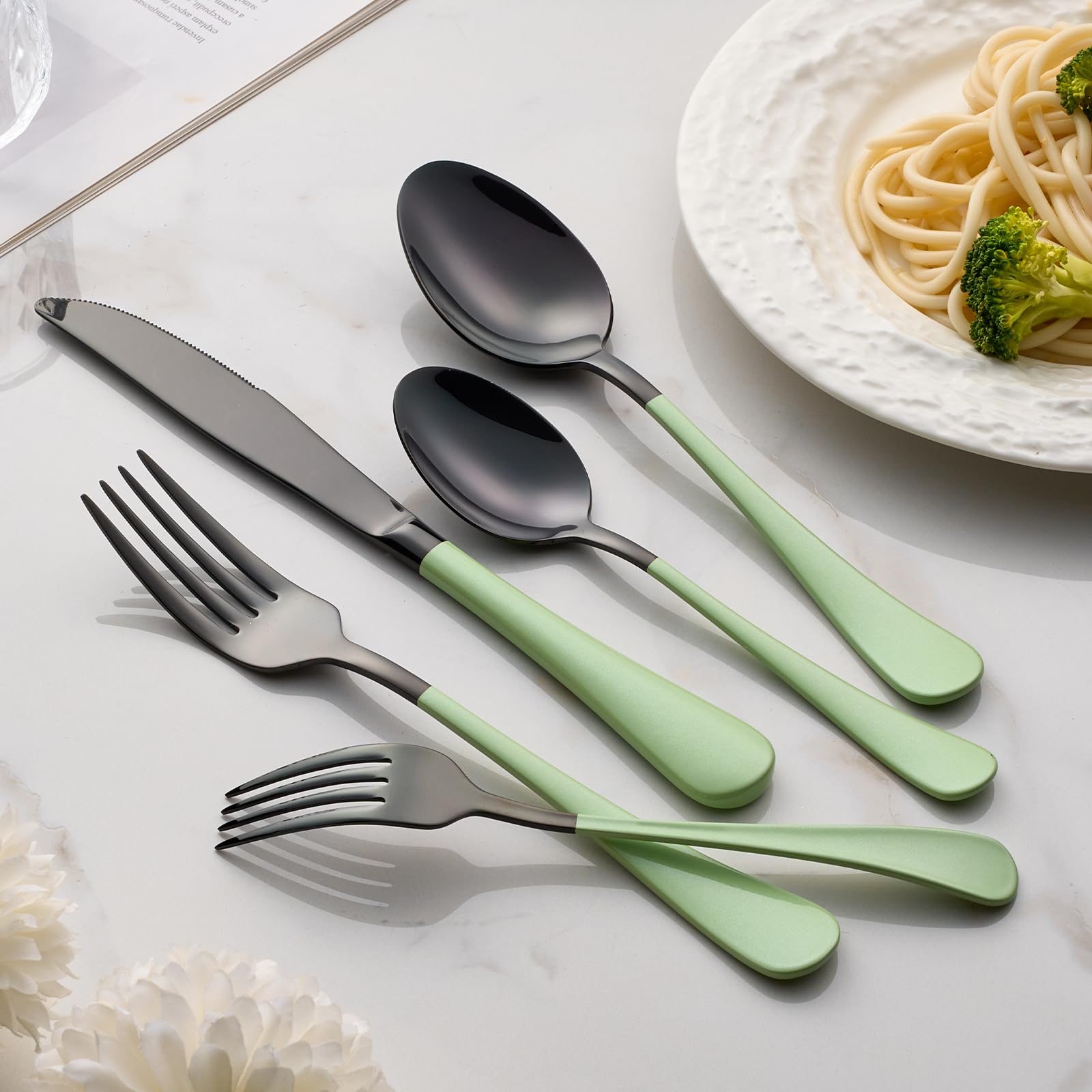 20-Pieces Blac and Pink Silverware Sets for 4,Pink Handle Stainless Steel Cutlery Set, Include Forks Spoons and Knives Set, Dishwasher Safe Utensil Sets for Home Restaurant