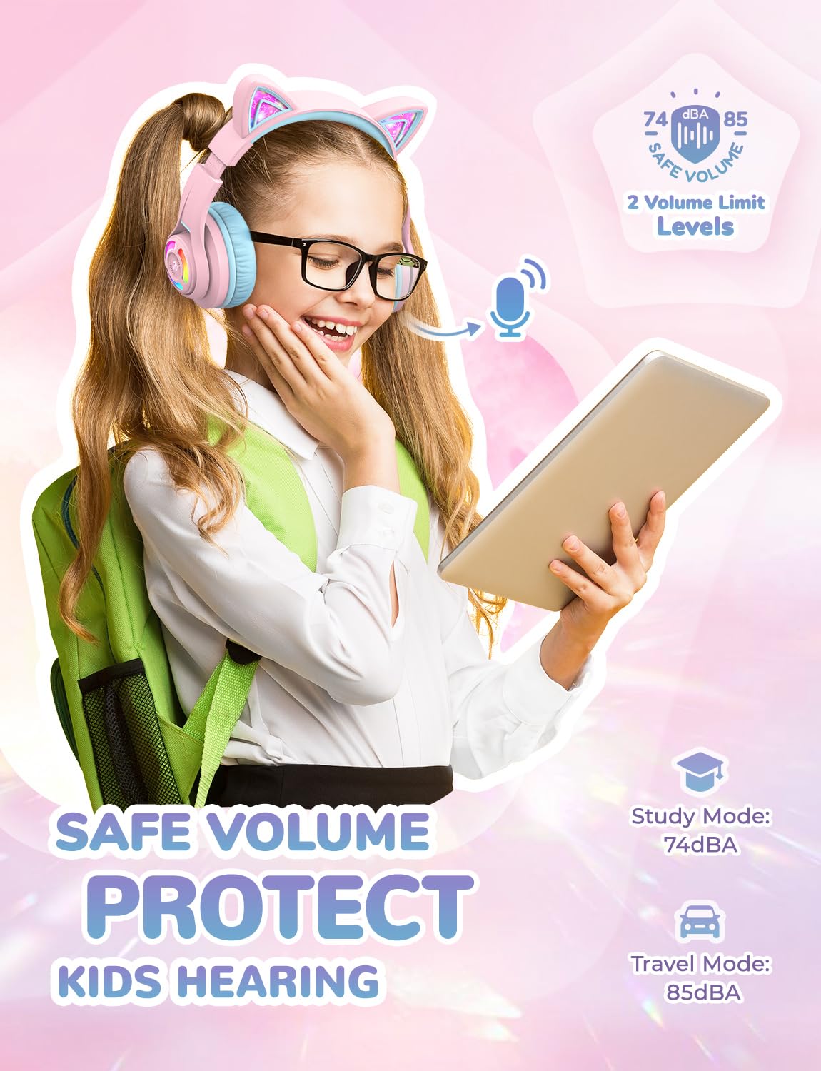 iClever Cat Ear Kids Bluetooth Headphones, LED Lights Up, 74/85dBA Safe Volume Limited, 50H Playtime,Bluetooth 5.2, USB C,Kids Headphones Wireless Over Ear for Travel iPad Tablet, Meow Macaron-Purple