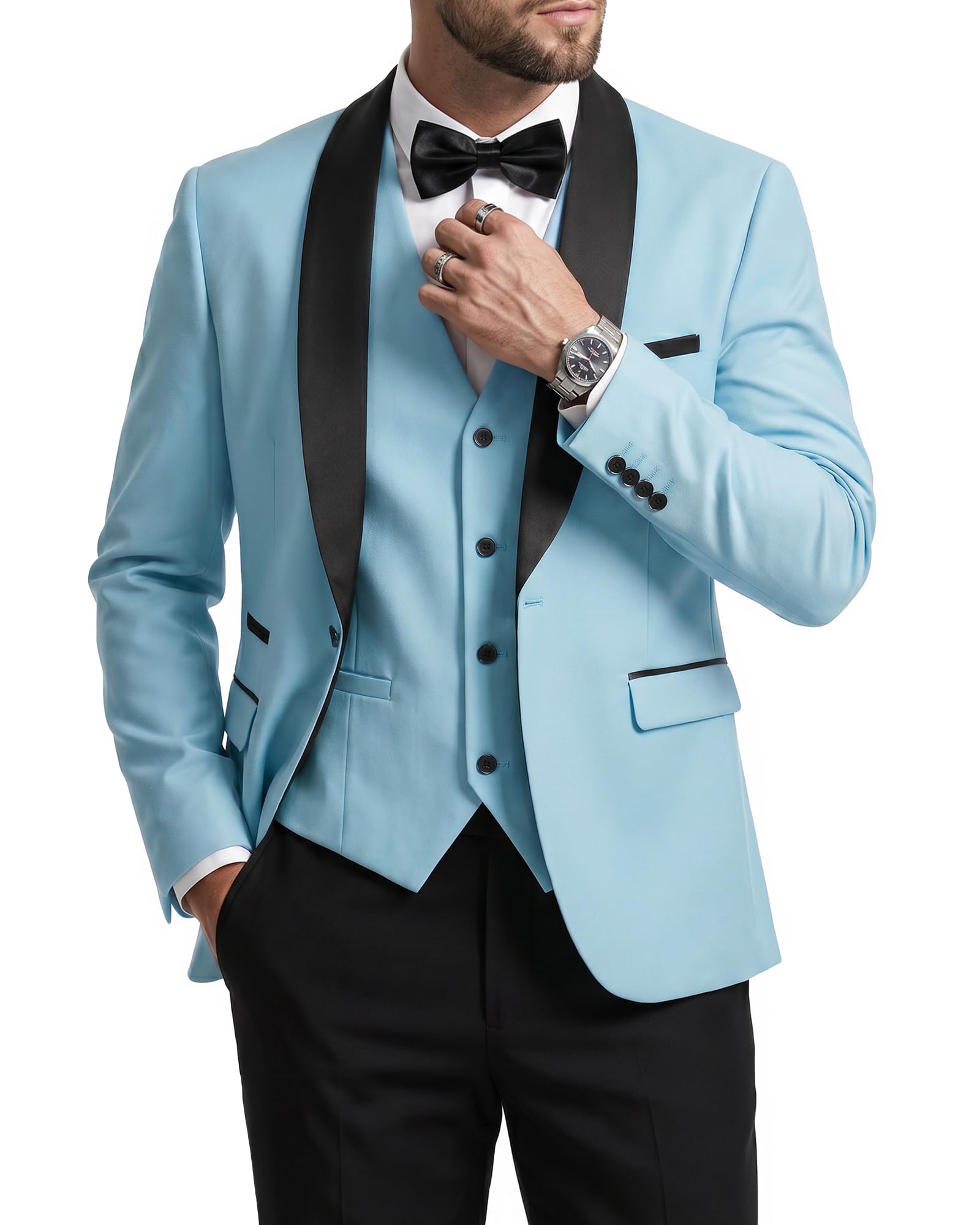 MrSure Men’s 3 Piece Slim Fit Suit, One Button Shawl Lapel Tuxedo, Premium Dinner Jacket Vest Pants & Tie Set