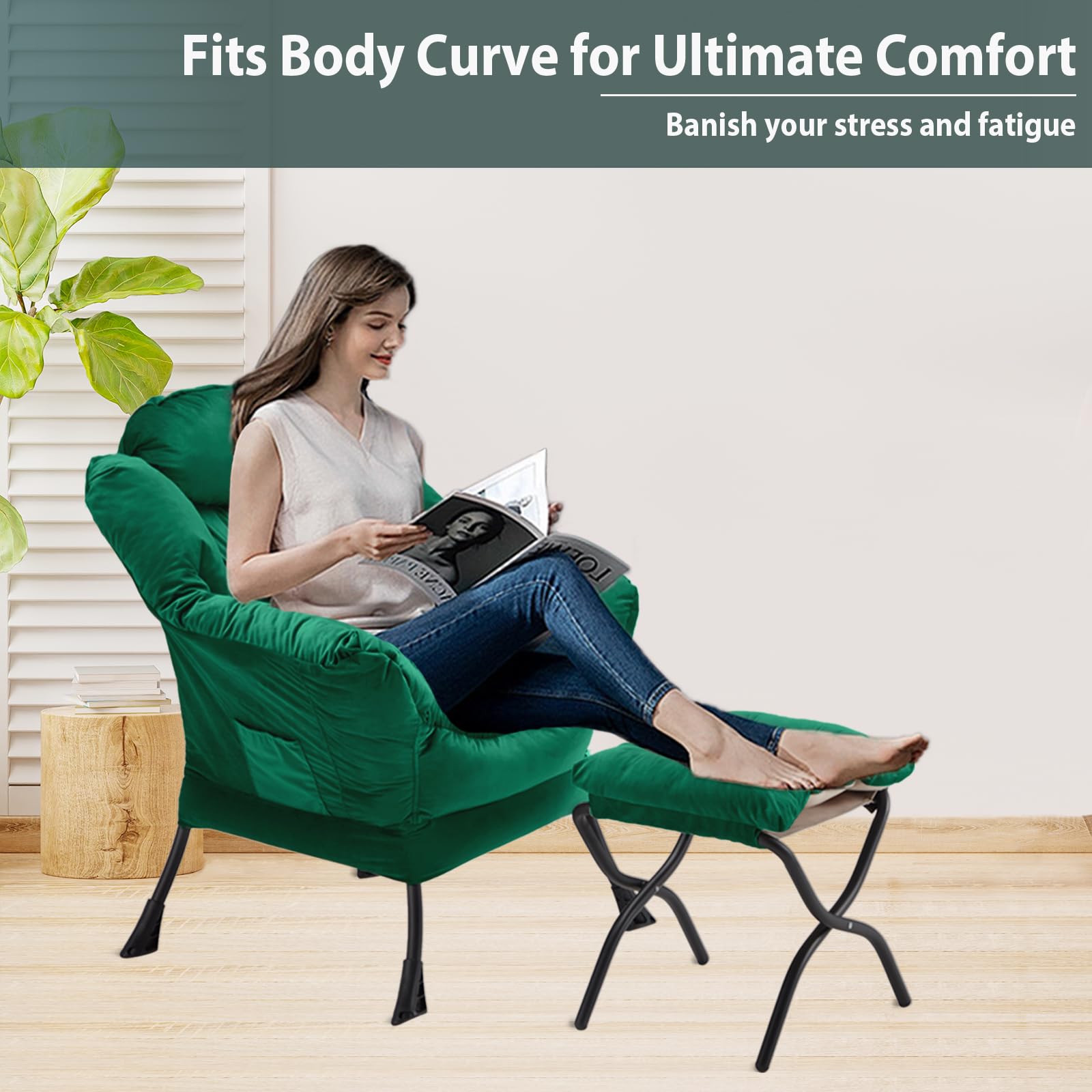 Youtanic Lazy Chair with Folding Ottoman, Accent Chair Velvet Upholstered with Metal Structure and Non-Slip Pads, Sofa Armchair with Footrest and Side Storage Bag for Dorm, Room, Office, Beige