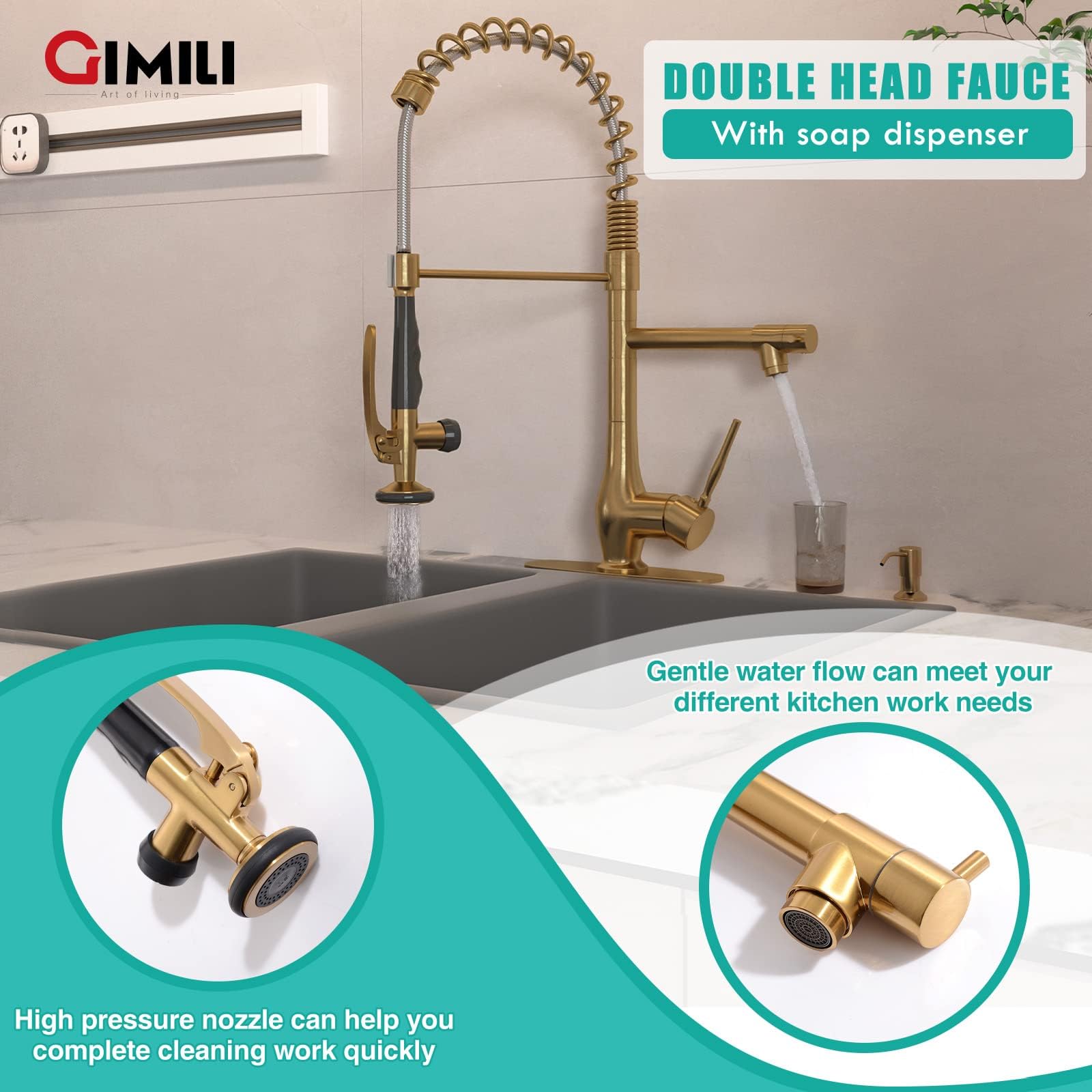GIMILI Black and Gold Kitchen Faucet with Pull Down Sprayer Single Handle High Pressure Kitchen Sink Faucet Commercial Double-Headed Stainless Steel Kitchen Faucets