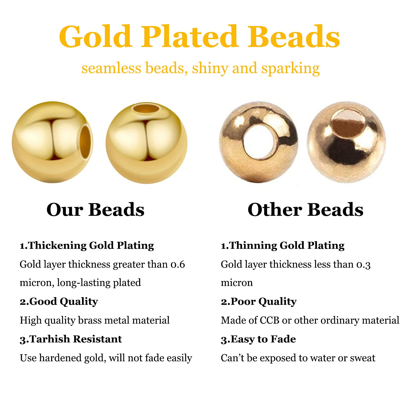 PH PandaHall 14K Gold Plated Spacer Beads, 300pcs Round Brass Beads 5 Size Metal Smooth Beads Seamless Ball Beads Long-lasting Little Beads for Summer Bracelet Necklace Jewelry DIY Crafts(2/3/4/5/6mm)