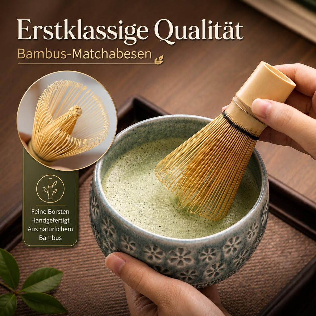 Buucup Matcha Whisk Set, Ceramic Matcha Kit Includes Matcha Bowl, Matcha Whisk and Holder, Bamboo Scoop, Scoop Rest, Sifter and Tea Towel - 7 Pcs Matcha Kit for Matcha Lovers (Blue)