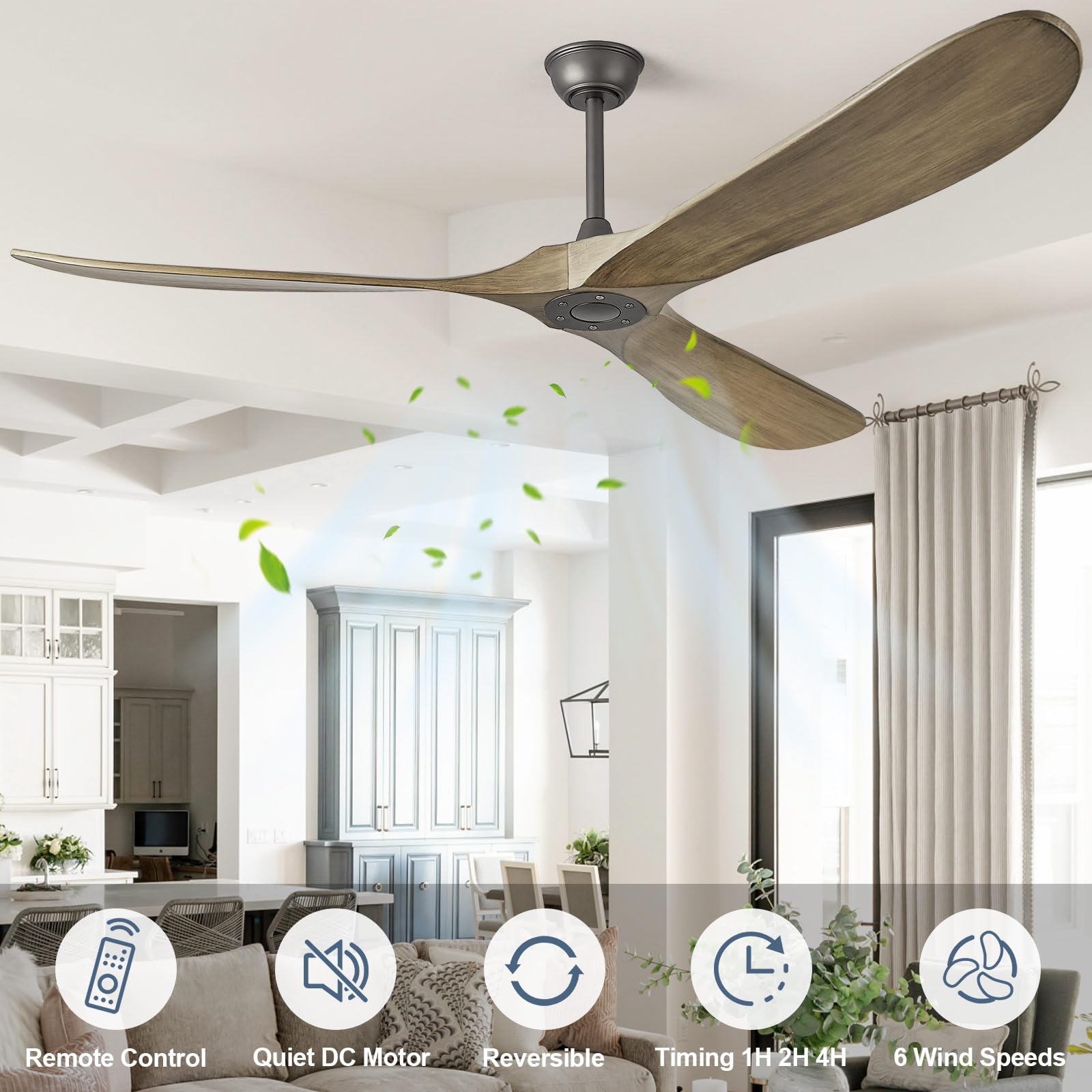 ABZ Ceiling Fans without Lights - 52 Inch Modern Ceiling Fans no Lights with Remote Control, Black 3 Blade Solid Wood Indoor Outdoor Ceiling Fans for Patios Living Room Bedroom