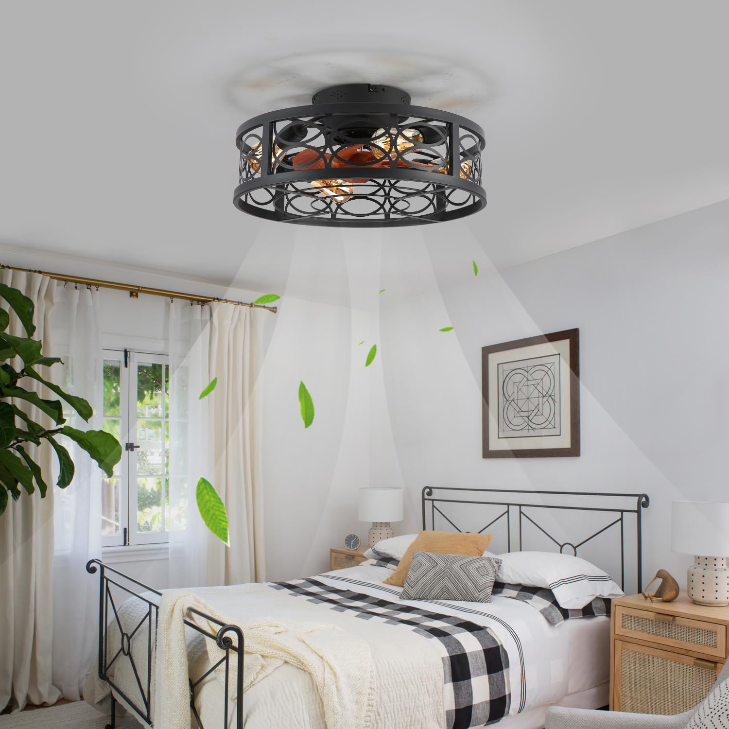 20" Boho Rattan Caged Ceiling Fan with Light,Low Profile Flush Mount Bladeless Ceiling Fan with Remote Control, 6 Speeds Reversible Silent Motor, Farmhouse Fabric Fandalier for Bedroom,Living Room