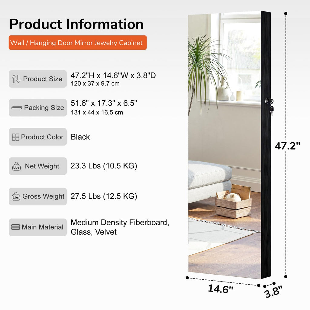 GISSAR Full Length Mirror Jewelry Cabinet, 6 LEDs Jewelry Armoire Wall Mounted Over The Door Hanging, Jewelry Organizer Storage with Lights Lockable, Black, 14.6" x 47.2"