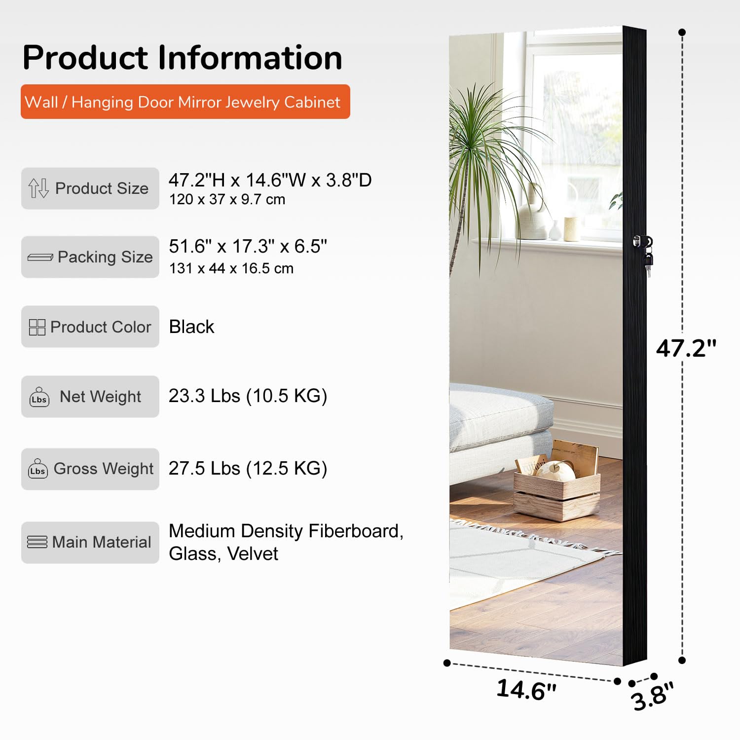 GISSAR Full Length Mirror Jewelry Cabinet, 6 LEDs Jewelry Armoire Wall Mounted Over The Door Hanging, Jewelry Organizer Storage with Lights Lockable, Black, 14.6" x 47.2"