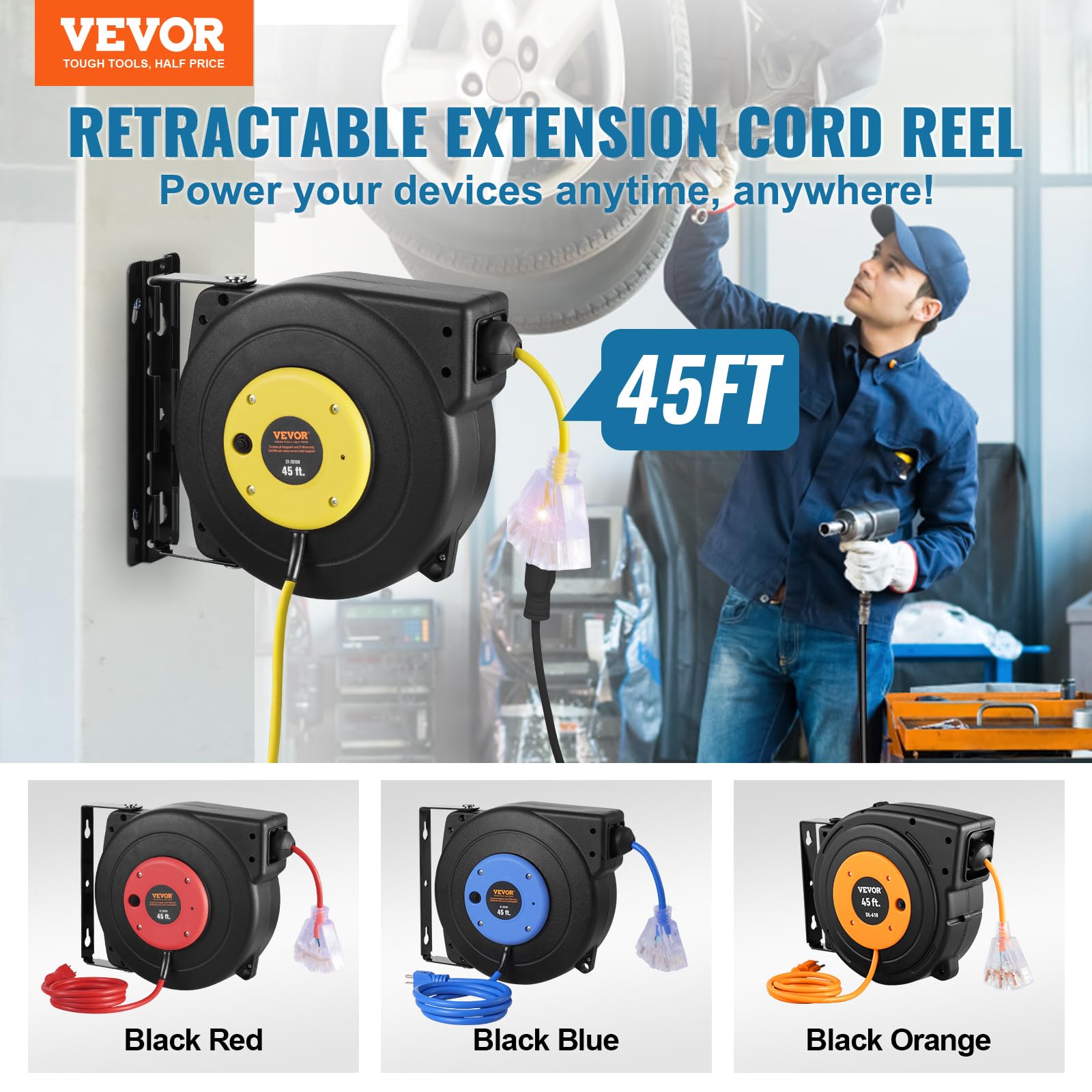VEVOR Retractable Extension Cord Reel, 30 FT, Heavy Duty 16AWG/3C SJTOW Retractable Power Cord Reel with Lighted Triple Tap Outlet 10 Amp Circuit Breaker 4.5FT Lead-in Cord, for Ceiling or Wall Mount
