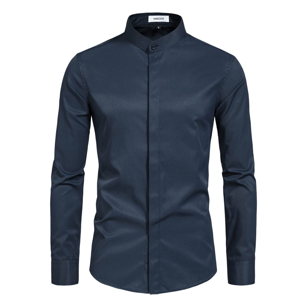 Men’s Banded Collar(Mandarin Collar) Long Sleeve Casual Solid Fancy Dress Shirts