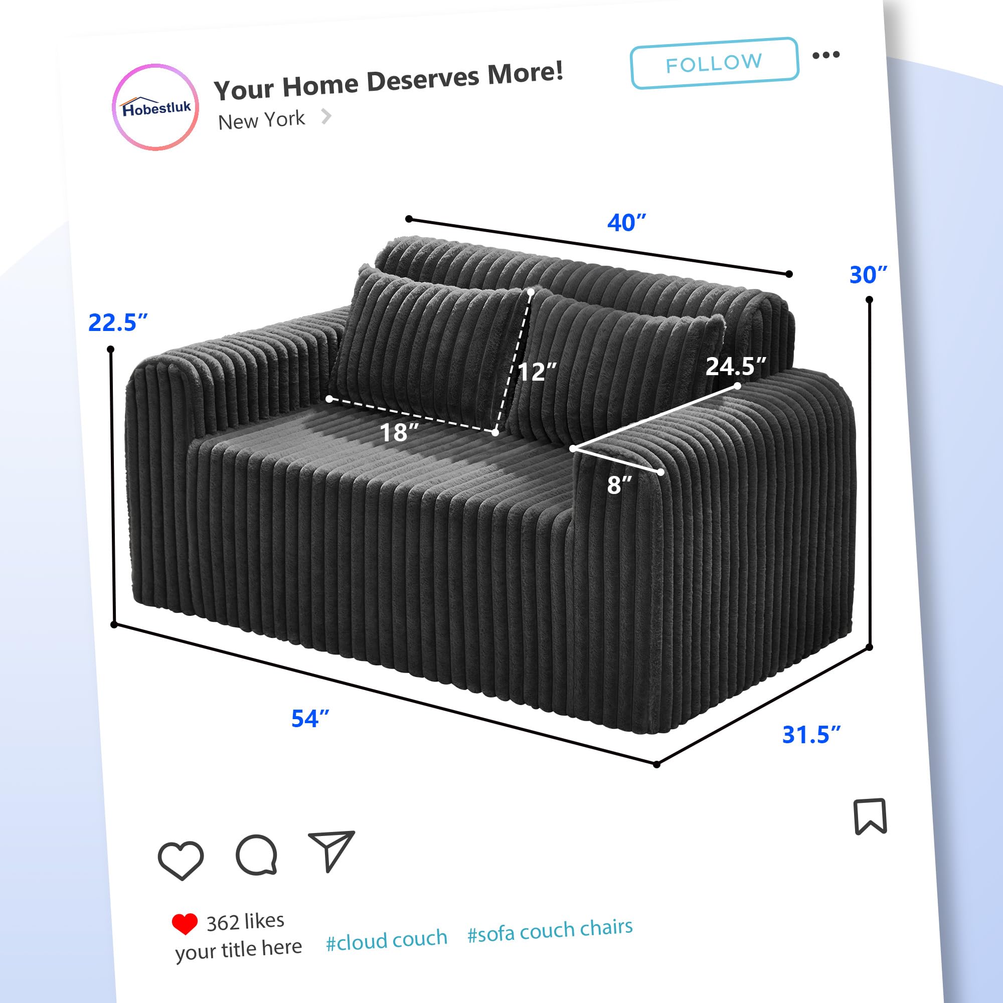 Hobestluk Single Sofa Foam Couch Sofa for Small Spaces Comfy Sofas with Removable Cover Furry Couch with Pillows for Living Room, Bedroom, Apartment, Office (Black, Standard)