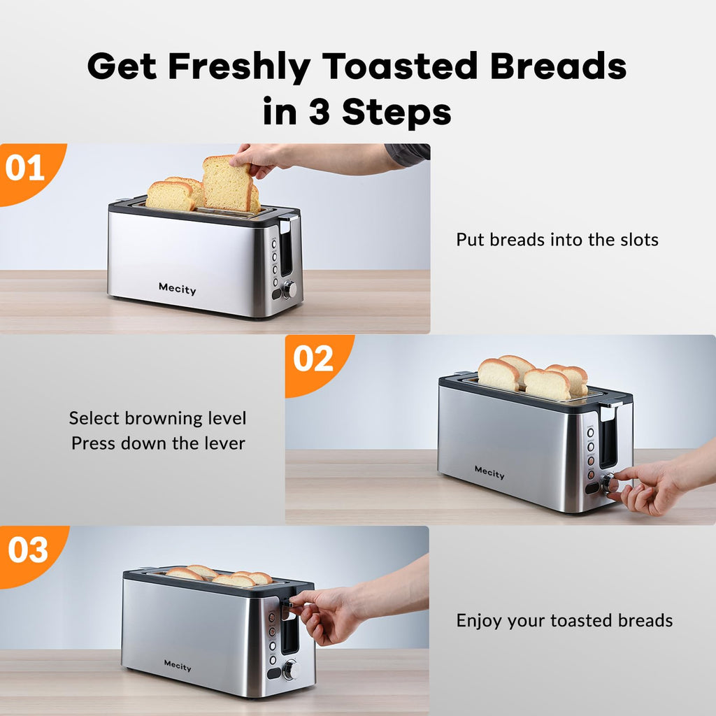 Mecity 4 Slice Toaster, Long Slot Toaster With Warming Rack, Timer, Bagel, Defrost, Reheat Functions, Crumb Tray, 6 Browning Settings, Extra Wide Long Slots, Stainless Steel, 1300W, Grey