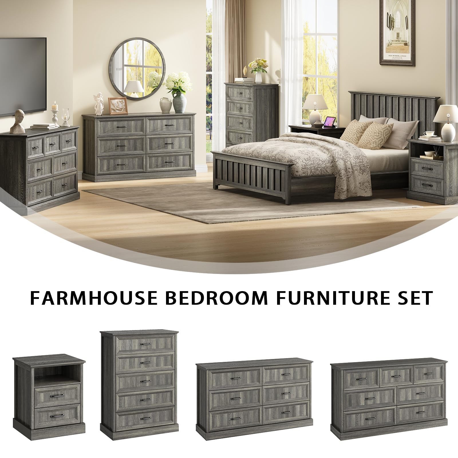 Farmhouse 5 Drawers Dresser for Bedroom, 44" Tall Brown dresser Wood Rustic Chest of Drawers with Wide Metal Handle,Natural Texture,Drawer Organizer for Bedroom,Living Room,Hallway and Entryway
