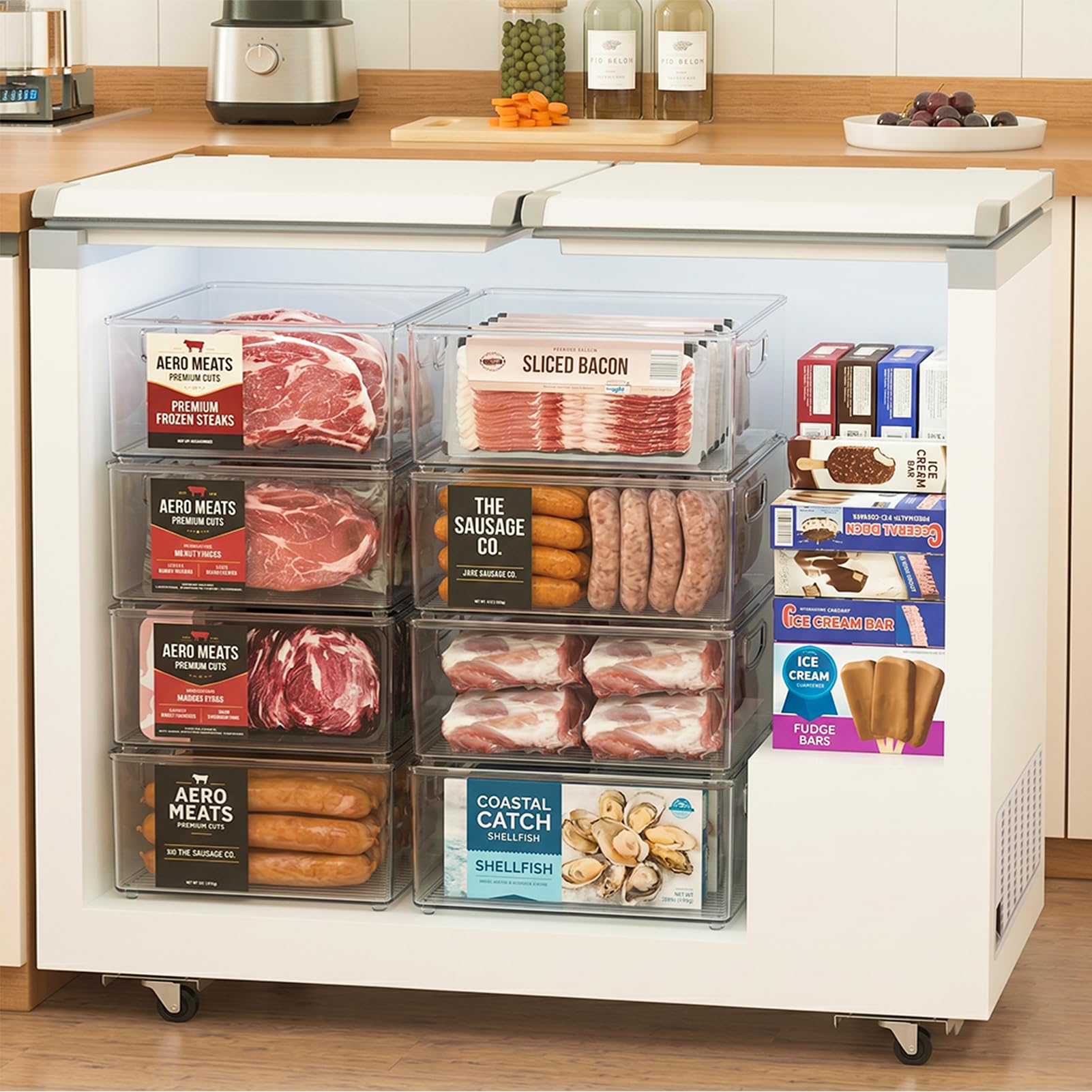 Heyuzb 2 Pack Clear Freezer Organizer Bins Stackable Storage Bins with Side Handles for Kitchen Pantry Cabinet Organzation and Storage